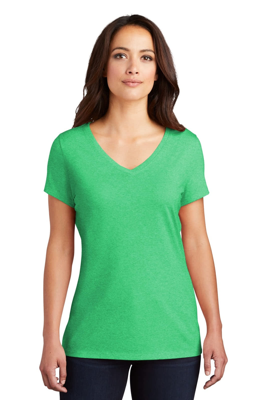 A green ladies' v-neck t-shirt with short sleeves and a fitted style, featuring a logo on the front.