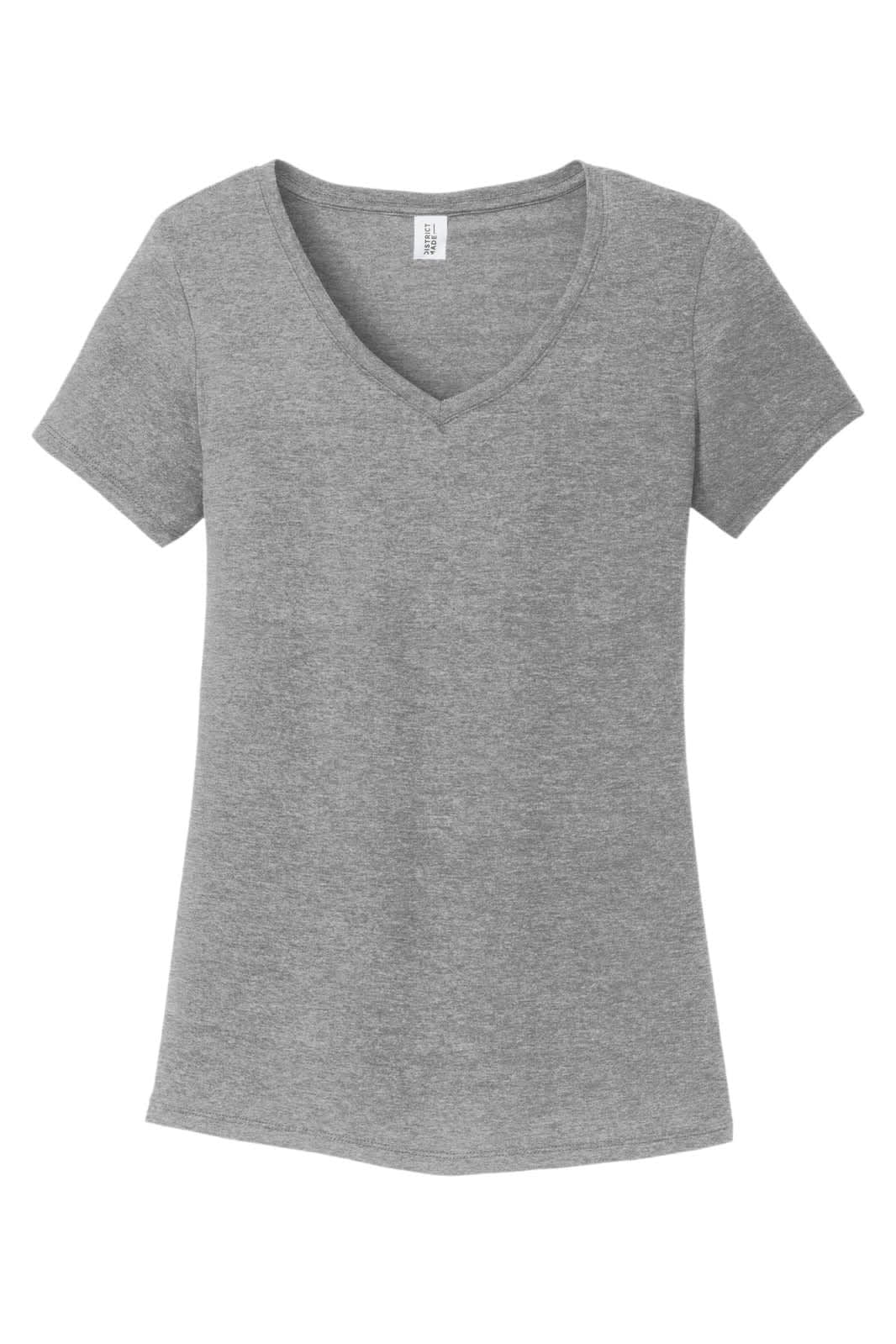 A grey ladies V-neck t-shirt featuring short sleeves. The shirt has a logo on the label.