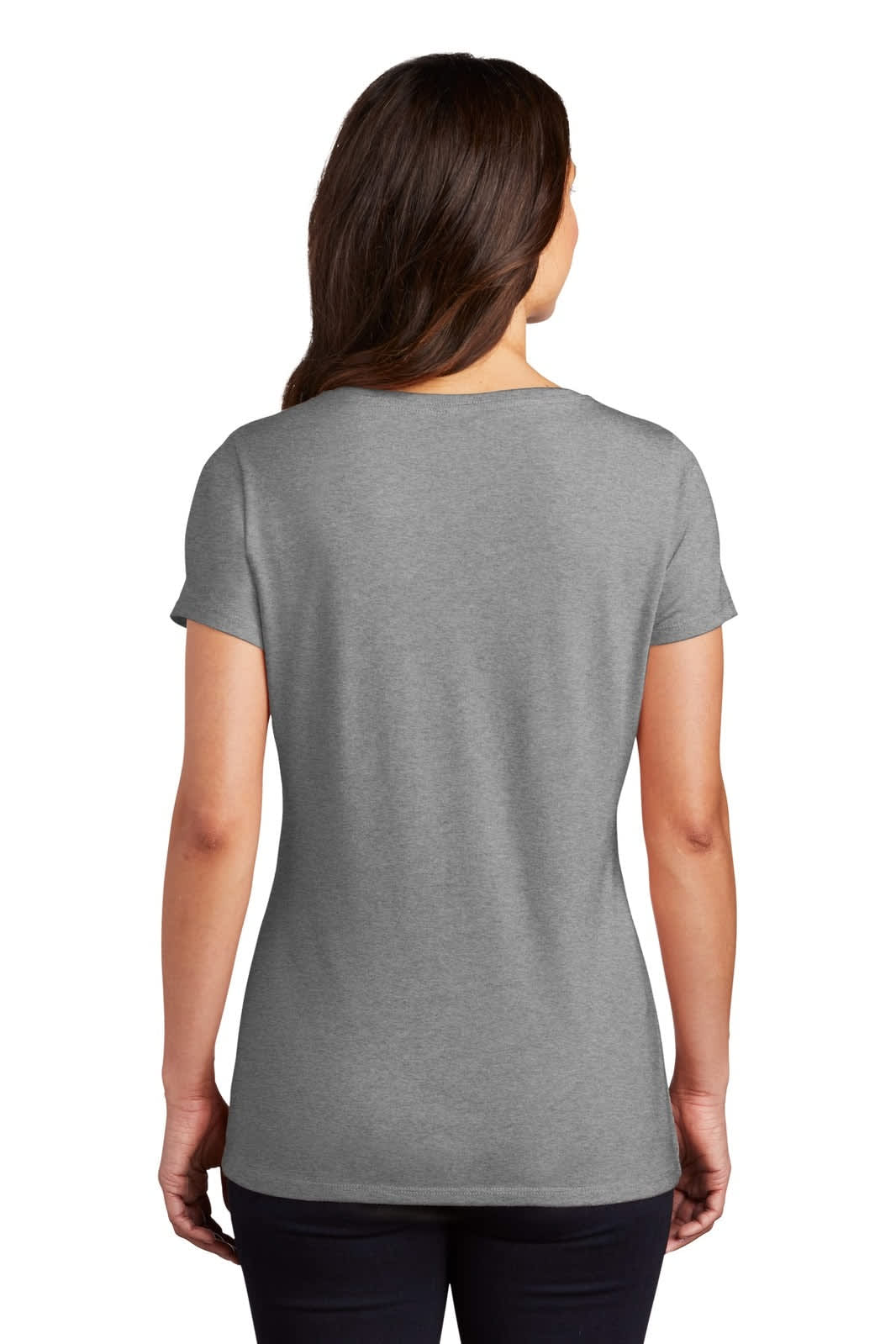 A grey ladies' V-neck T-shirt with short sleeves, featuring a branding logo on the back.