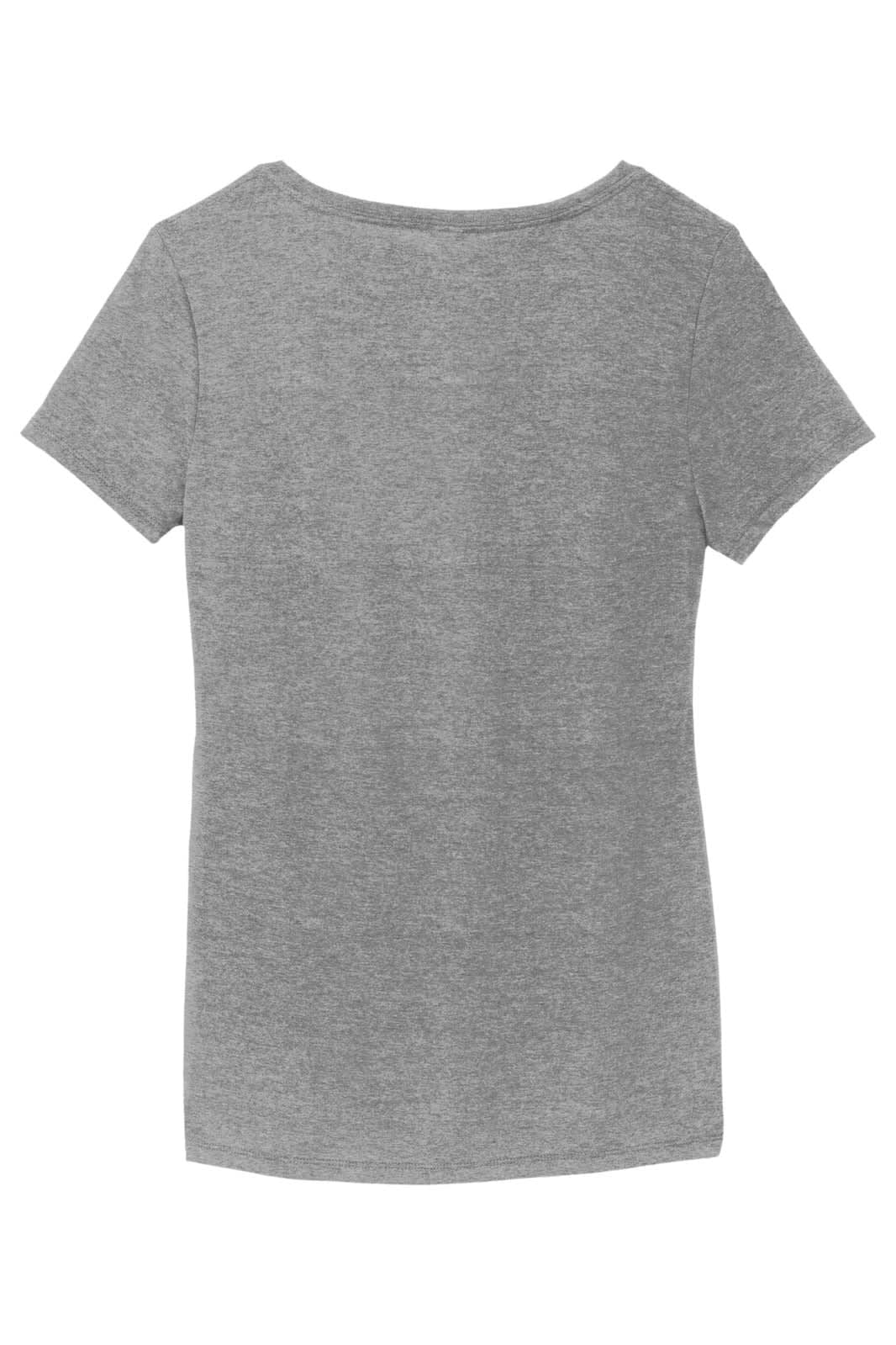 A grey ladies' V-neck t-shirt with short sleeves featuring a simple design and a logo.