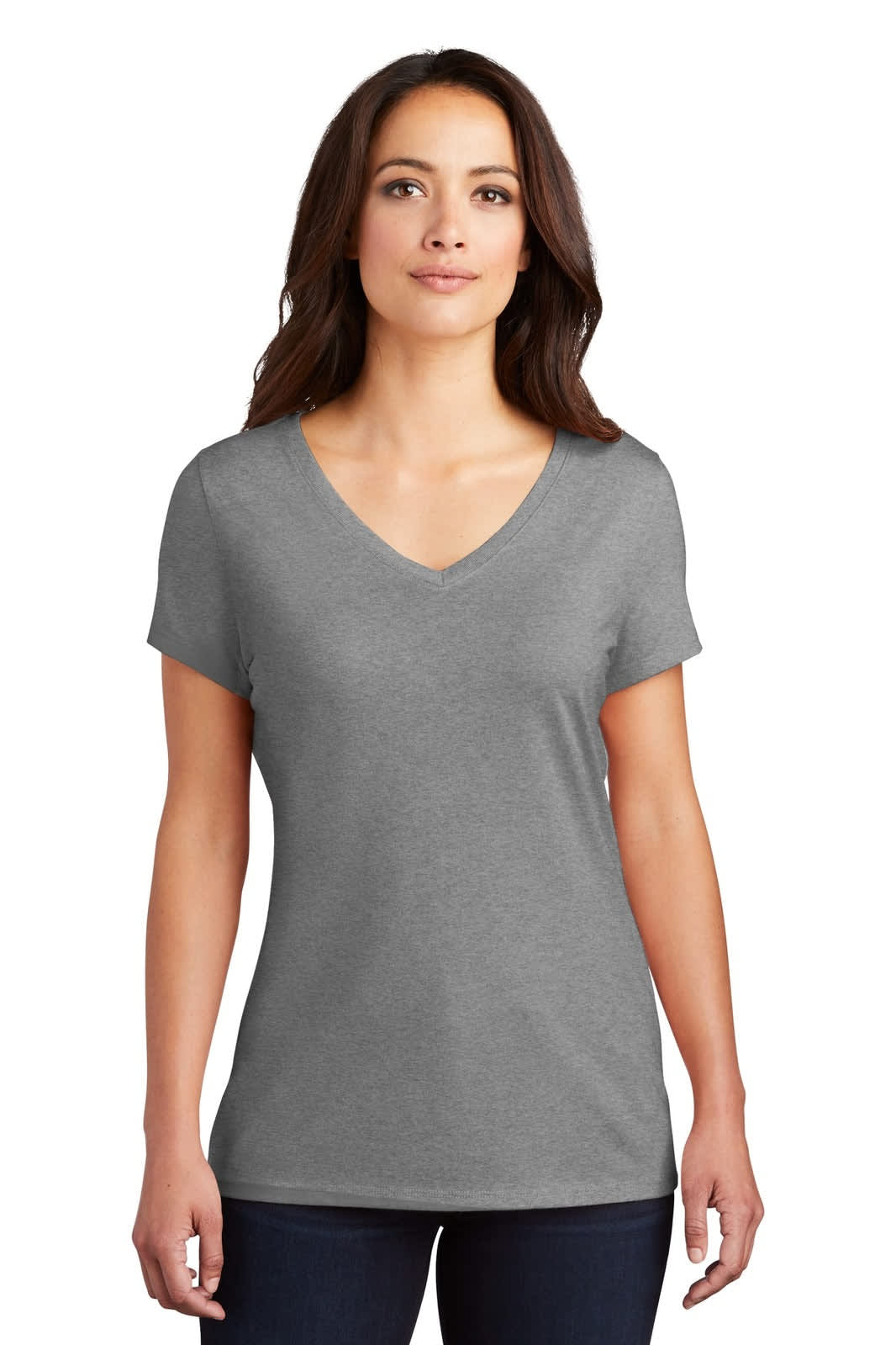 A grey ladies' V-neck T-shirt featuring short sleeves and a fitted design. It includes a logo on the front.