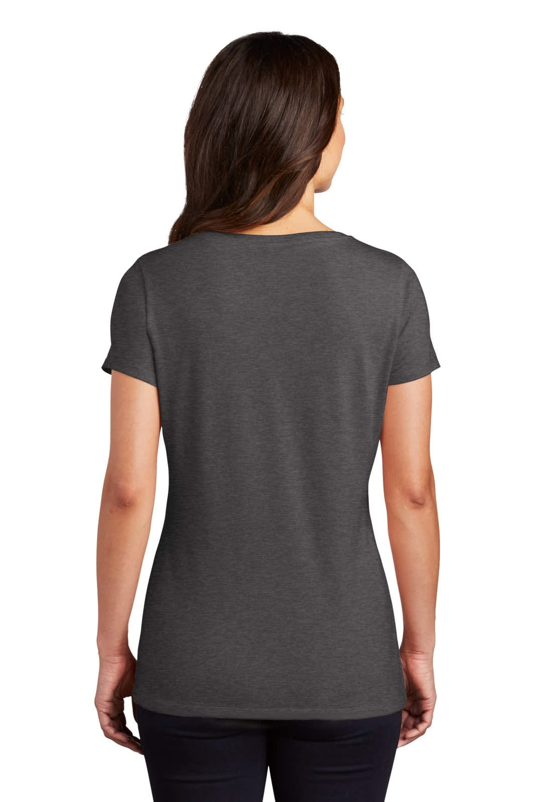 A grey ladies' T-shirt with a V-neck, showcasing the back view and a fitted design. It features a small logo.