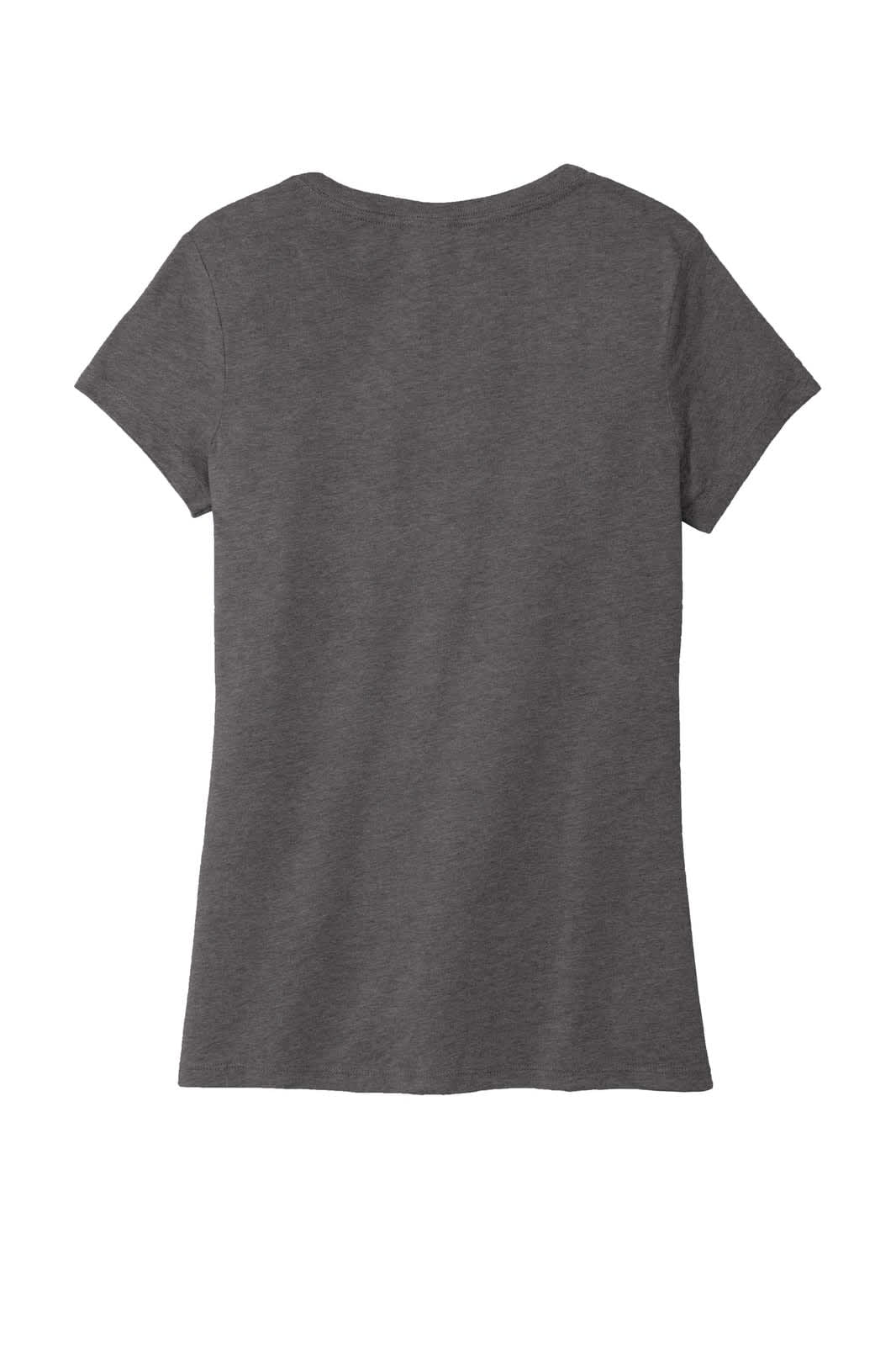 A grey ladies' V-neck T-shirt with short sleeves and a casual fit, featuring a brand logo.