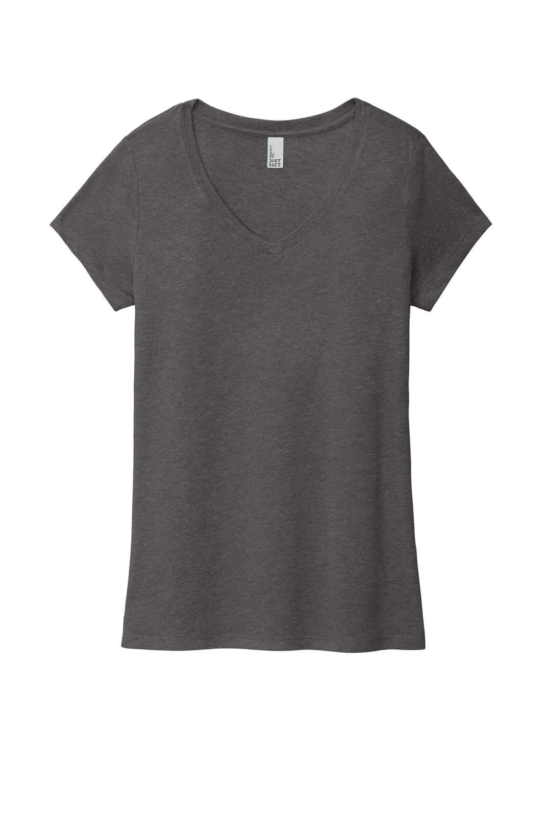 A grey ladies' v-neck t-shirt with short sleeves, featuring a logo on the label.
