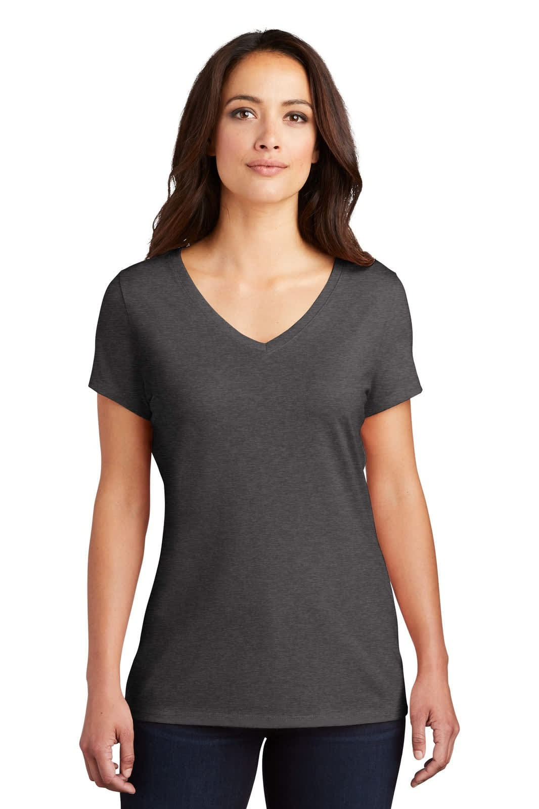 A grey ladies' V-neck t-shirt featuring short sleeves and a fitted style, with a logo on the front.