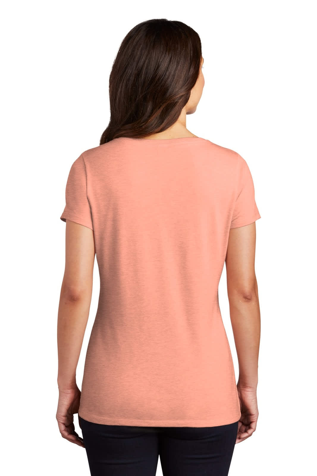 A pink ladies' V-neck T-shirt is displayed, featuring a fitted design and a back view. It has a subtle branding detail.
