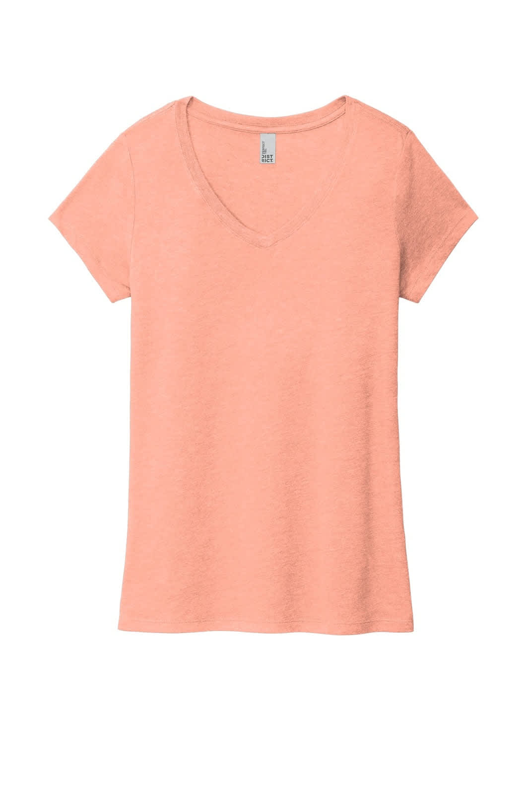 A light peach v-neck t-shirt with short sleeves, featuring a label and a simple design.
