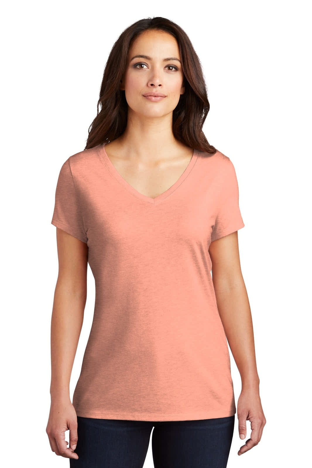 A ladies' V-neck T-shirt in a soft peach colour, featuring short sleeves and a simple design. It has a logo.