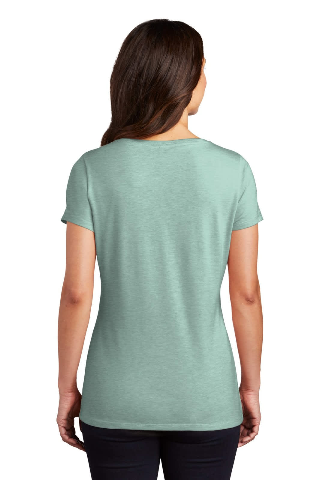 A mint green ladies' V-neck t-shirt featuring a fitted design and short sleeves, displayed from the back.