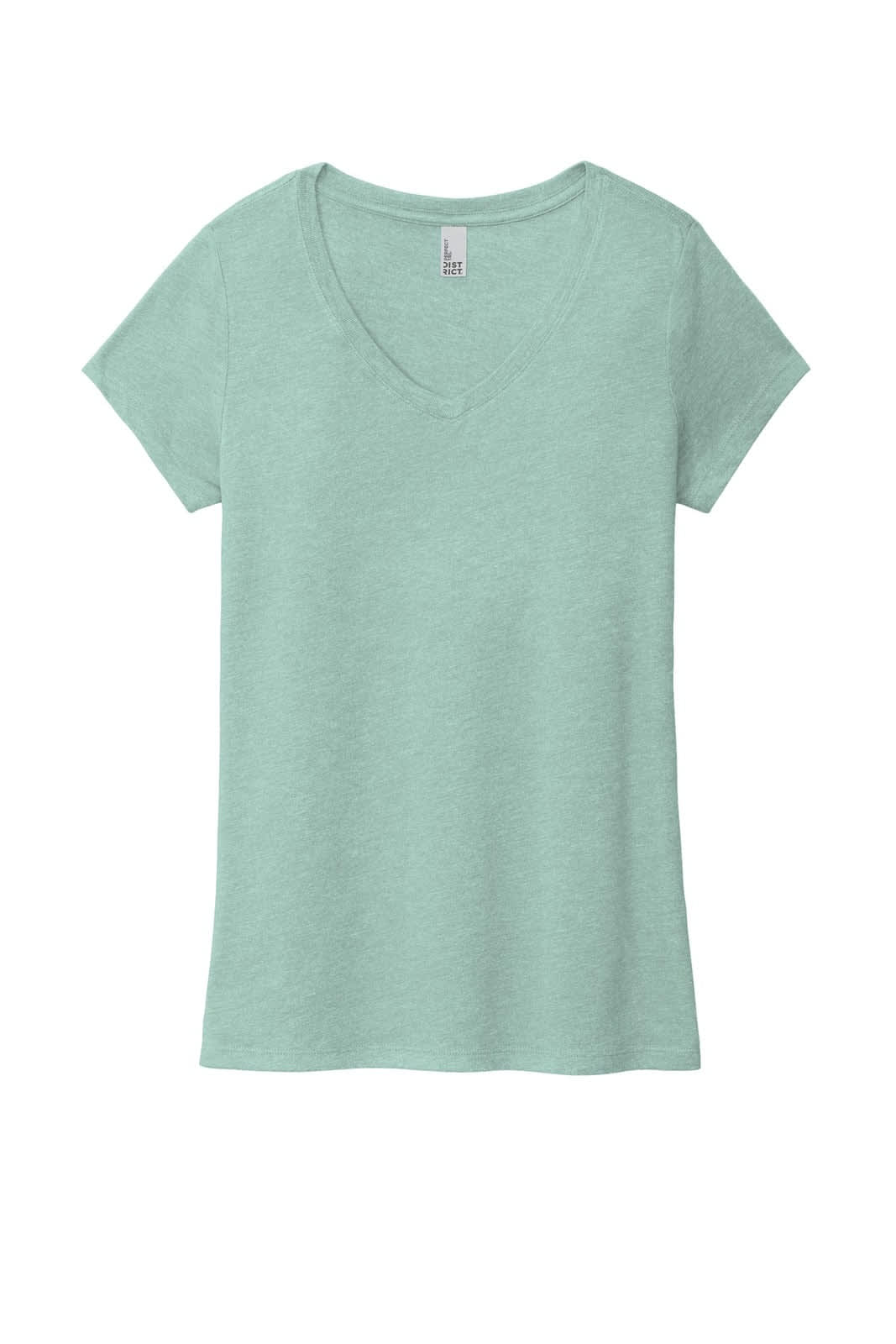 A mint green ladies' V-neck t-shirt, featuring short sleeves and a simple design. It includes a logo on the label.