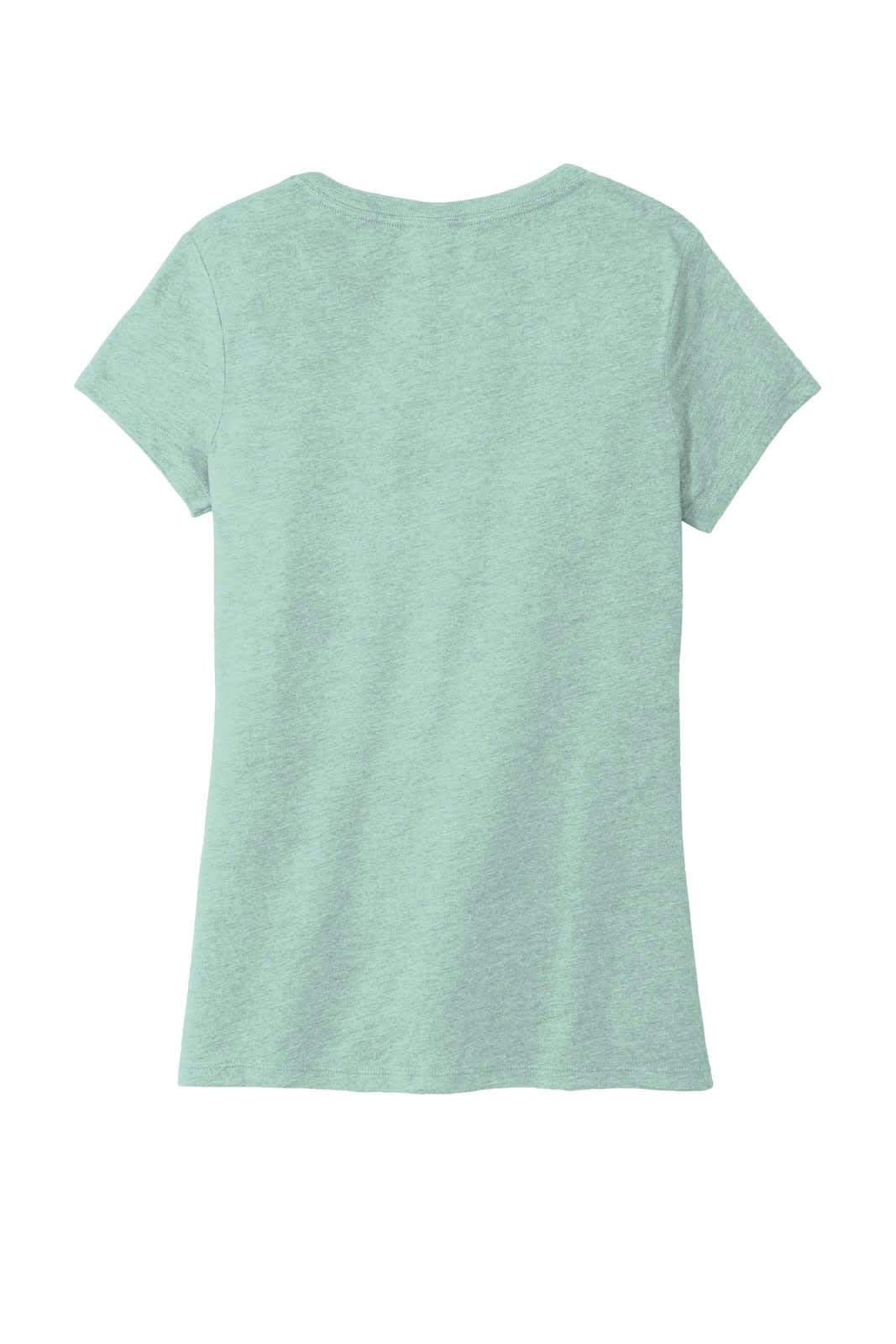A mint green ladies' V-neck T-shirt with short sleeves and a relaxed fit, featuring a logo on the back.