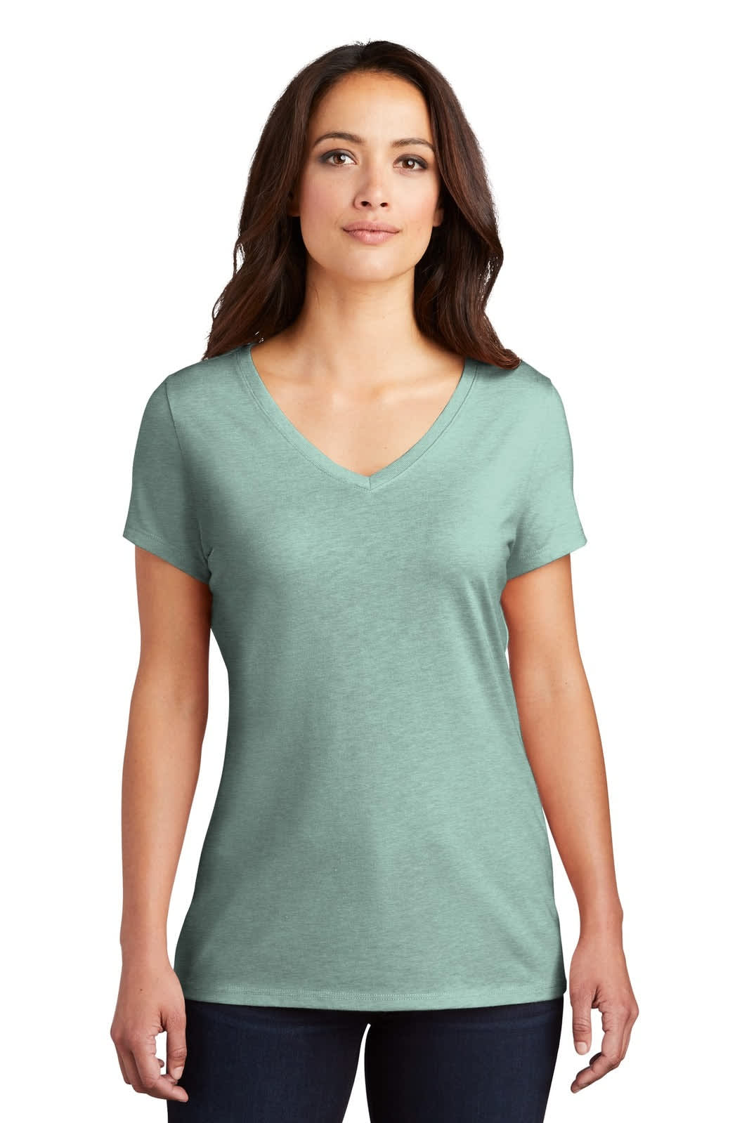 A ladies' V-neck tee in a soft teal hue, featuring short sleeves and a logo on the front.
