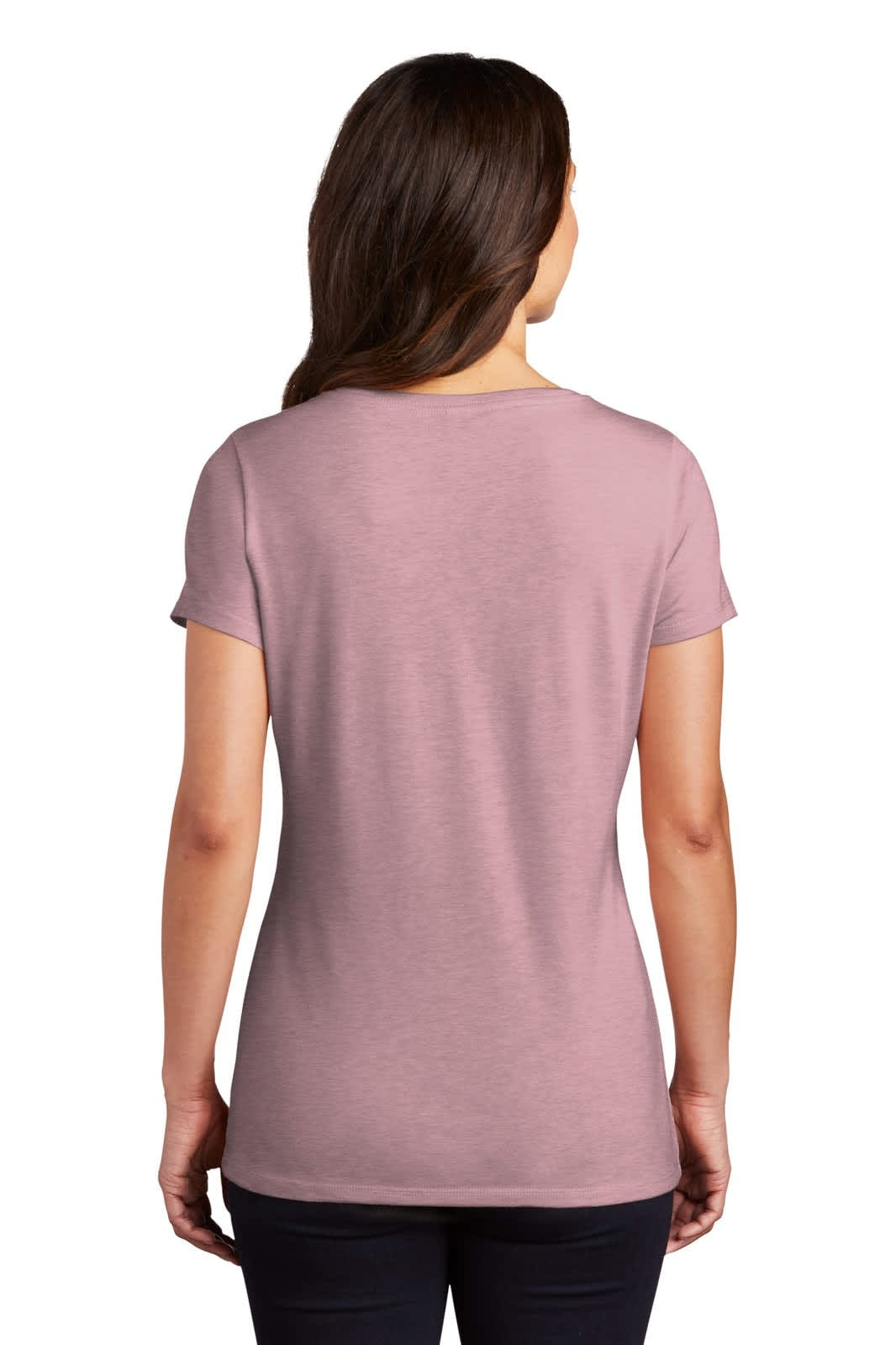 A woman wearing a mauve District Made Ladies Perfect Tri V-Neck Tee, viewed from the back. The shirt has a logo.
