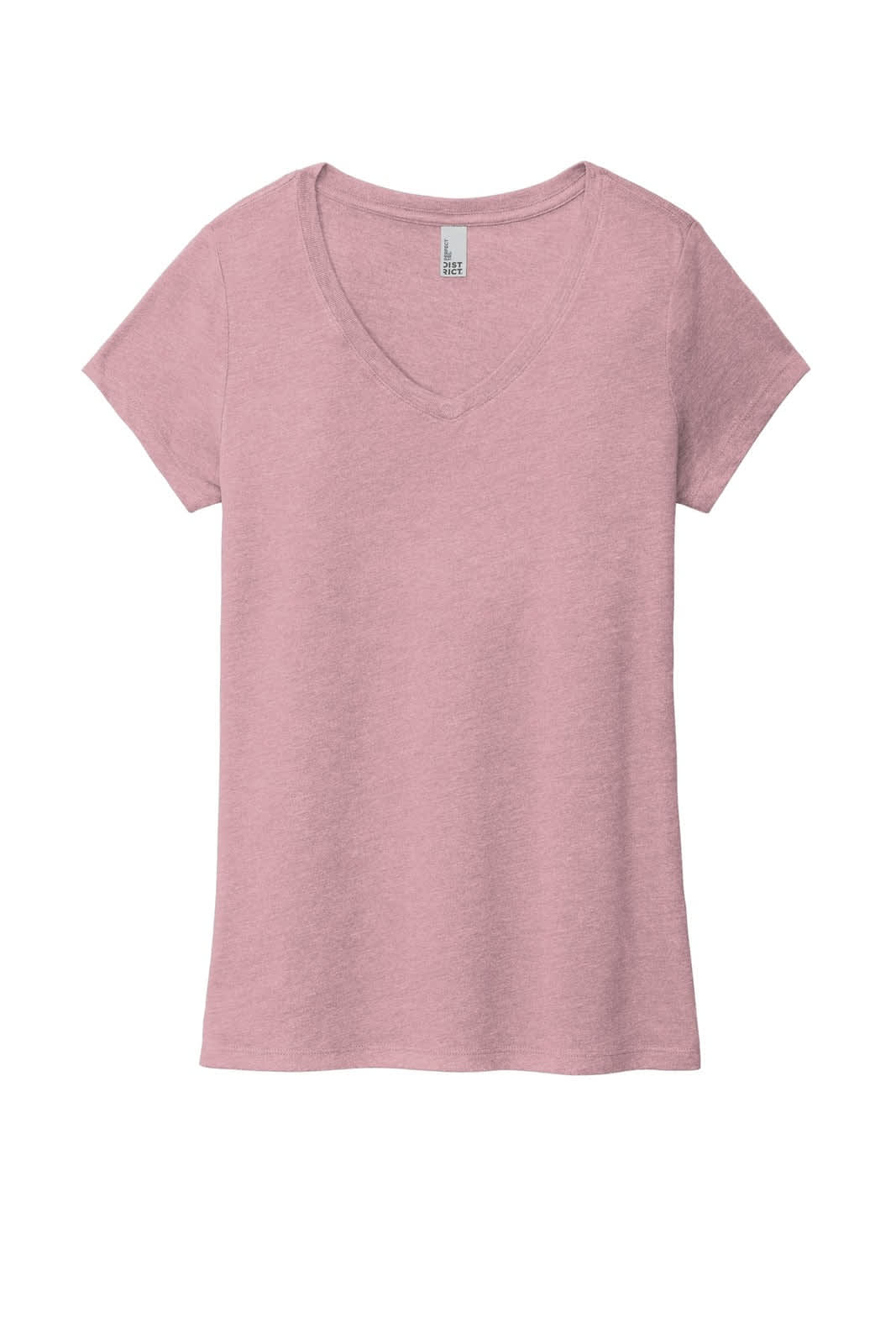 A pink v-neck t-shirt featuring short sleeves and a soft texture, with a small logo on the label.