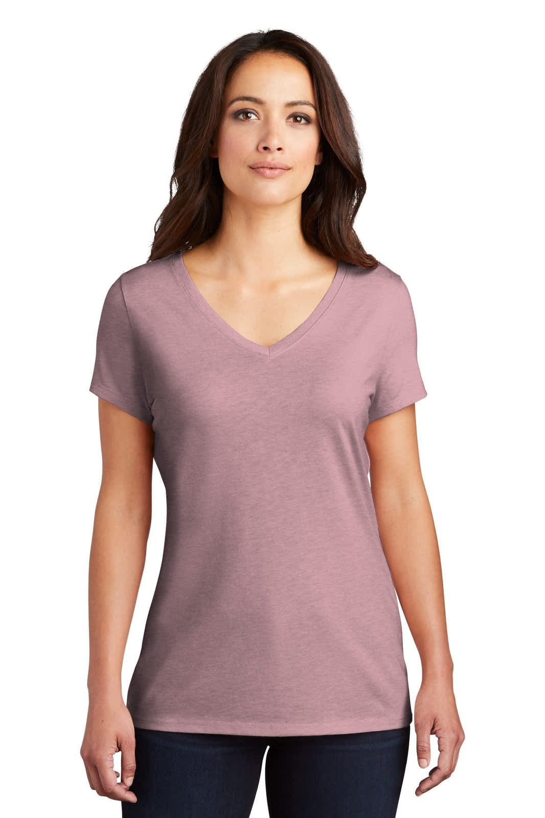 A mauve v-neck t-shirt for women with short sleeves and a fitted silhouette, featuring a logo.
