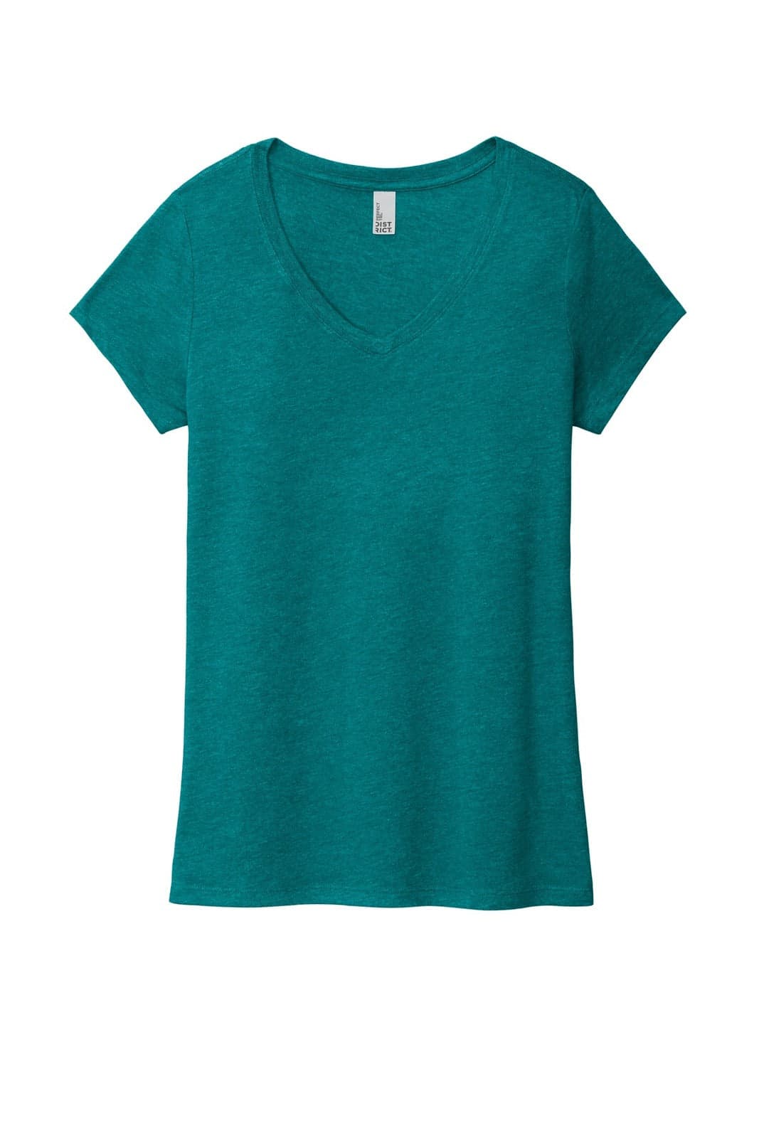 A teal V-neck women’s T-shirt featuring short sleeves and a relaxed fit, with a brand logo on the label.