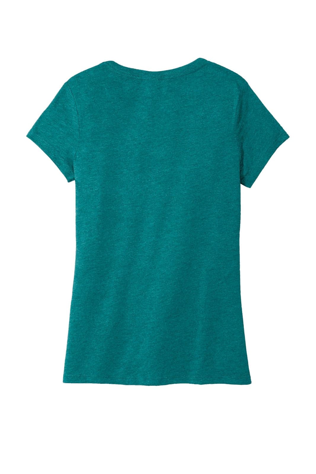 A teal women's v-neck t-shirt with short sleeves, featuring a simple design and a branded logo.