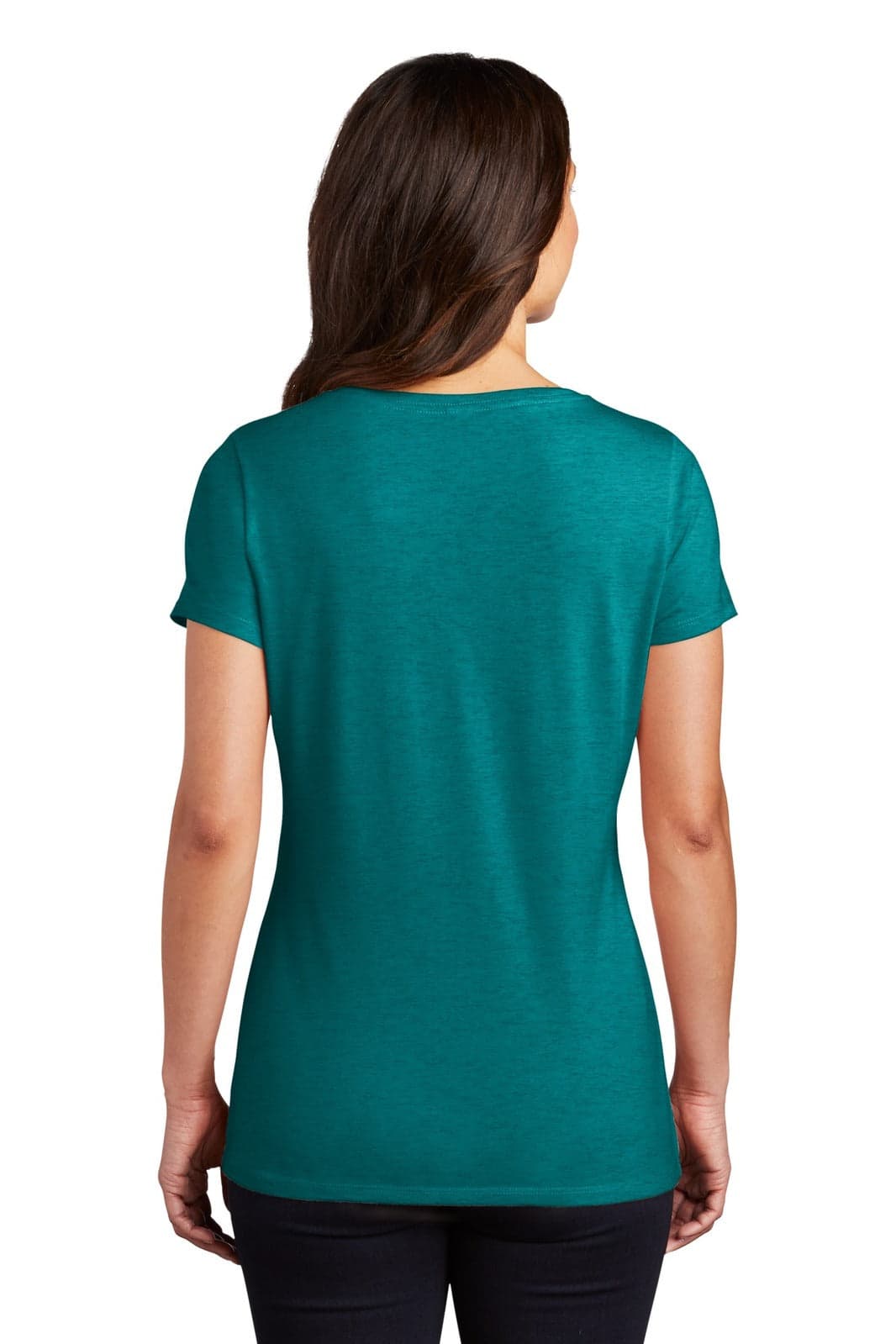 A teal women's V-neck t-shirt with short sleeves, featuring a fitted design and a branded logo.