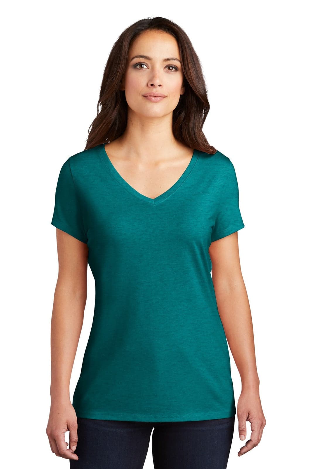 A teal ladies' V-neck T-shirt made from a tri-blend fabric, featuring a fitted design and short sleeves.