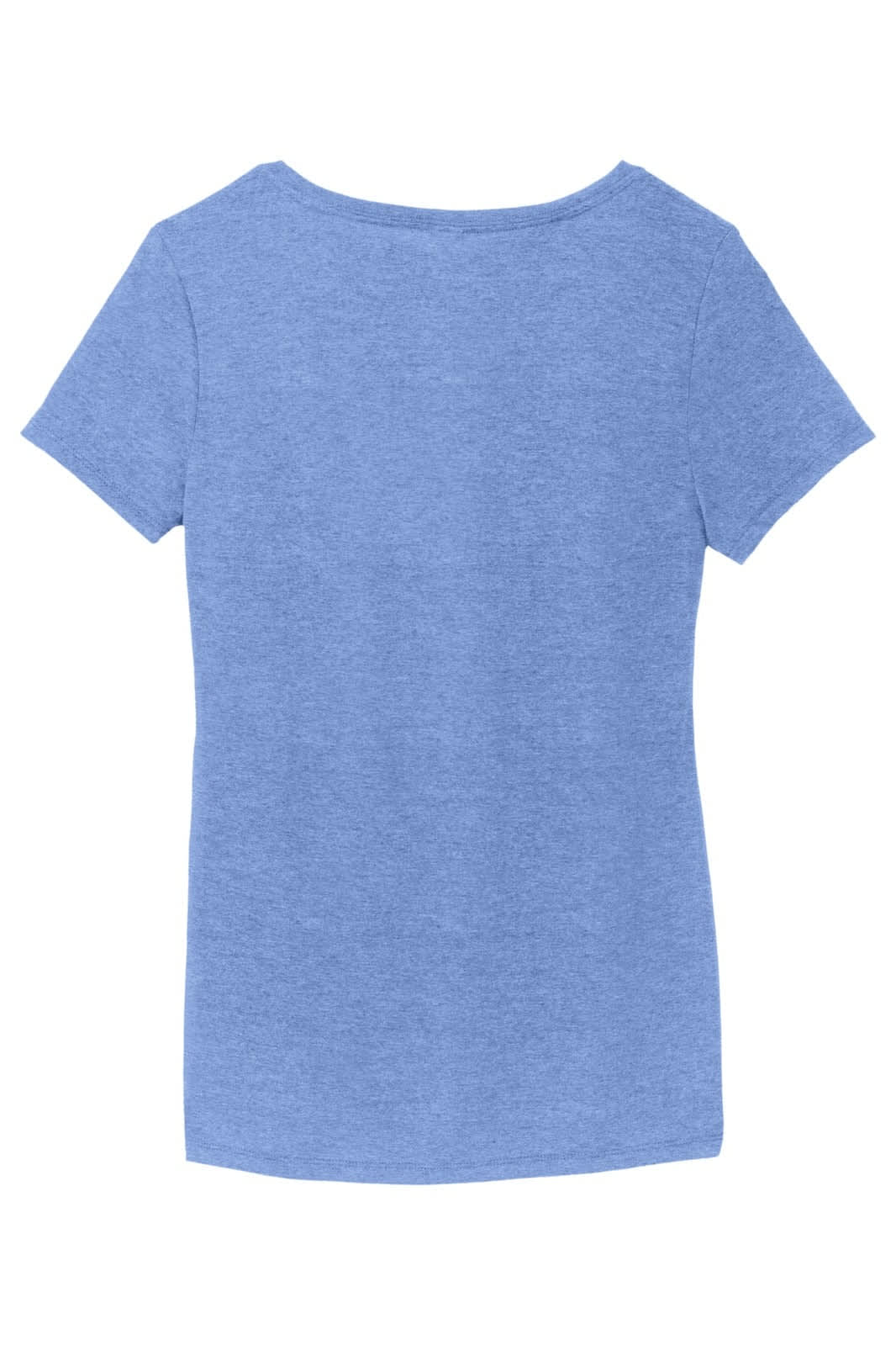 A blue v-neck t-shirt with a fitted style and short sleeves, featuring a logo on the back.