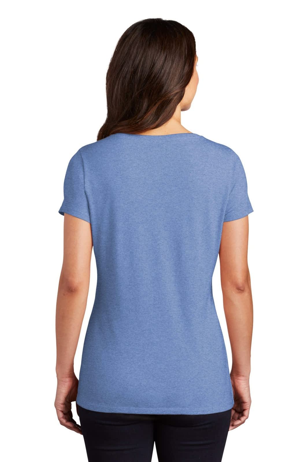 A women's blue v-neck t-shirt with short sleeves, featuring a plain back and a fitted design.