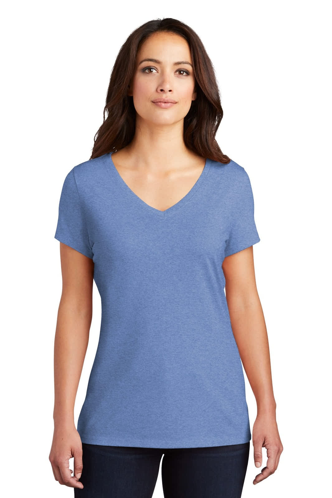 A ladies' V-neck tee in a light blue shade, featuring short sleeves and a fitted silhouette. It has a logo on the front.