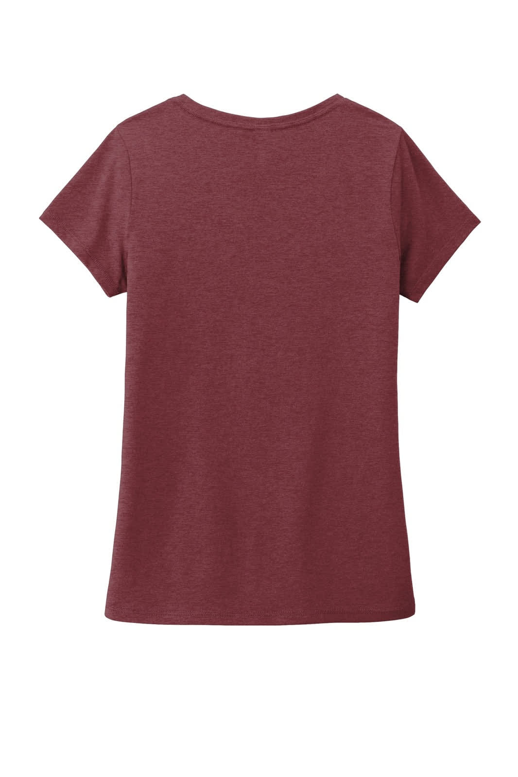 A maroon ladies' t-shirt with a V-neck and short sleeves, featuring a branding logo.