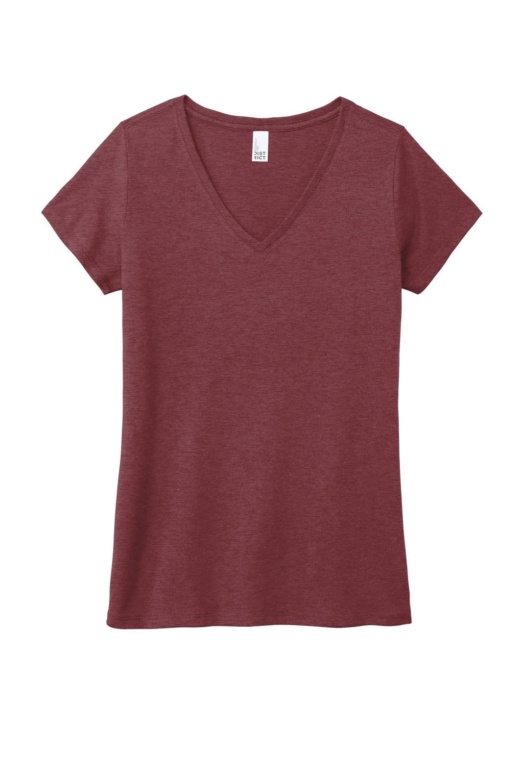 A maroon v-neck t-shirt featuring short sleeves and a branding label inside the neckline.