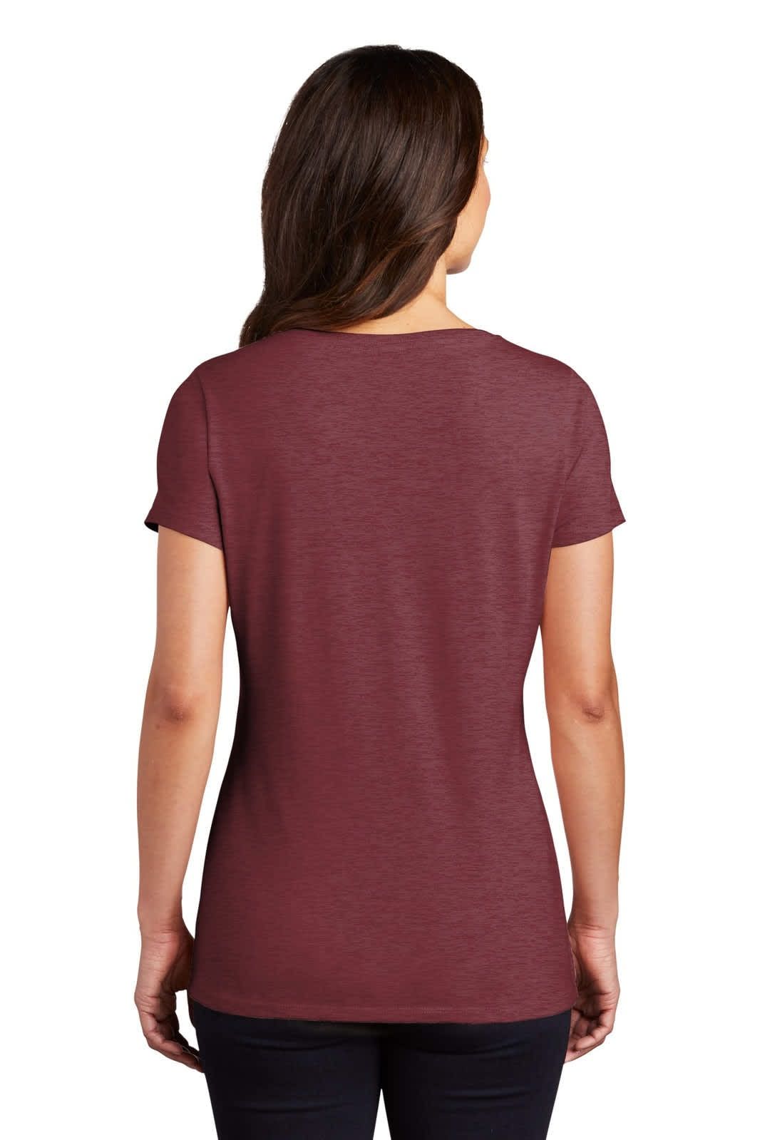 A woman is wearing a burgundy District Made Ladies Perfect Tri V-Neck Tee, viewed from the back. The shirt has a logo.