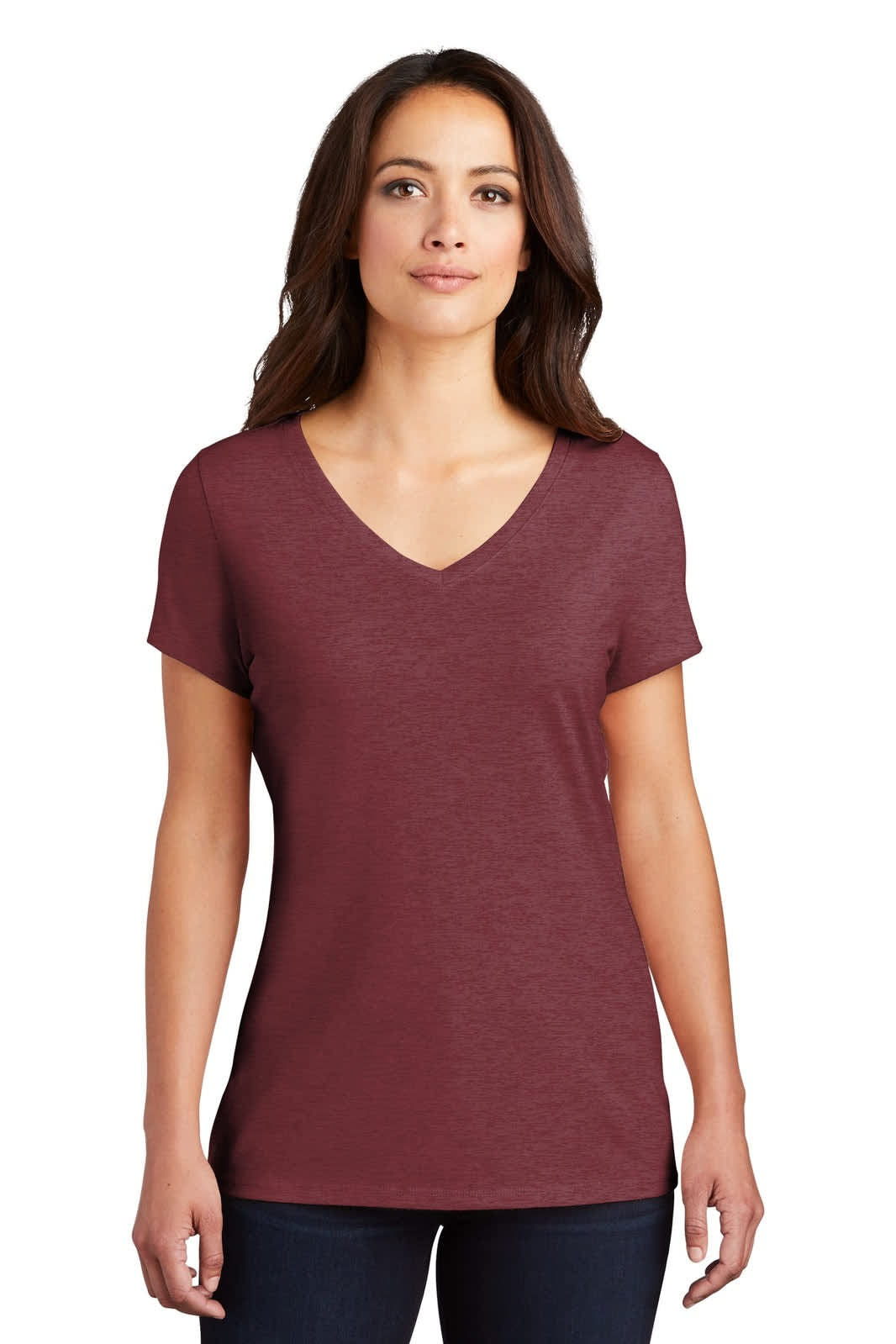 A maroon V-neck T-shirt for ladies, featuring short sleeves and a fitted style. It has a logo on the front.