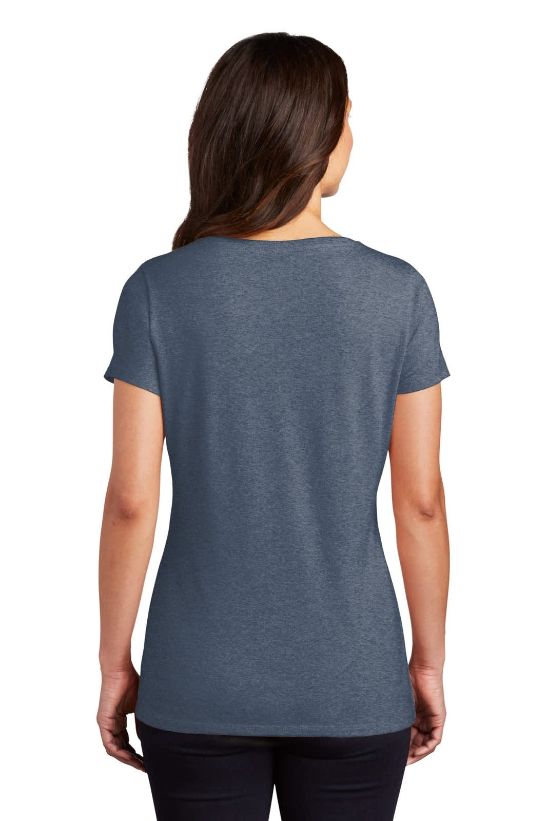 A fitted ladies' V-neck tee in a dark blue heather colour, featuring a brand logo. The back view shows the shirt's shape.