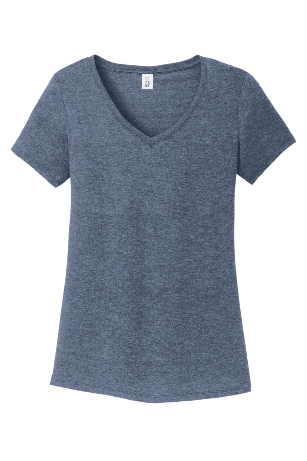 A navy blue ladies' v-neck t-shirt with short sleeves and a soft, textured fabric. Features a logo on the label.