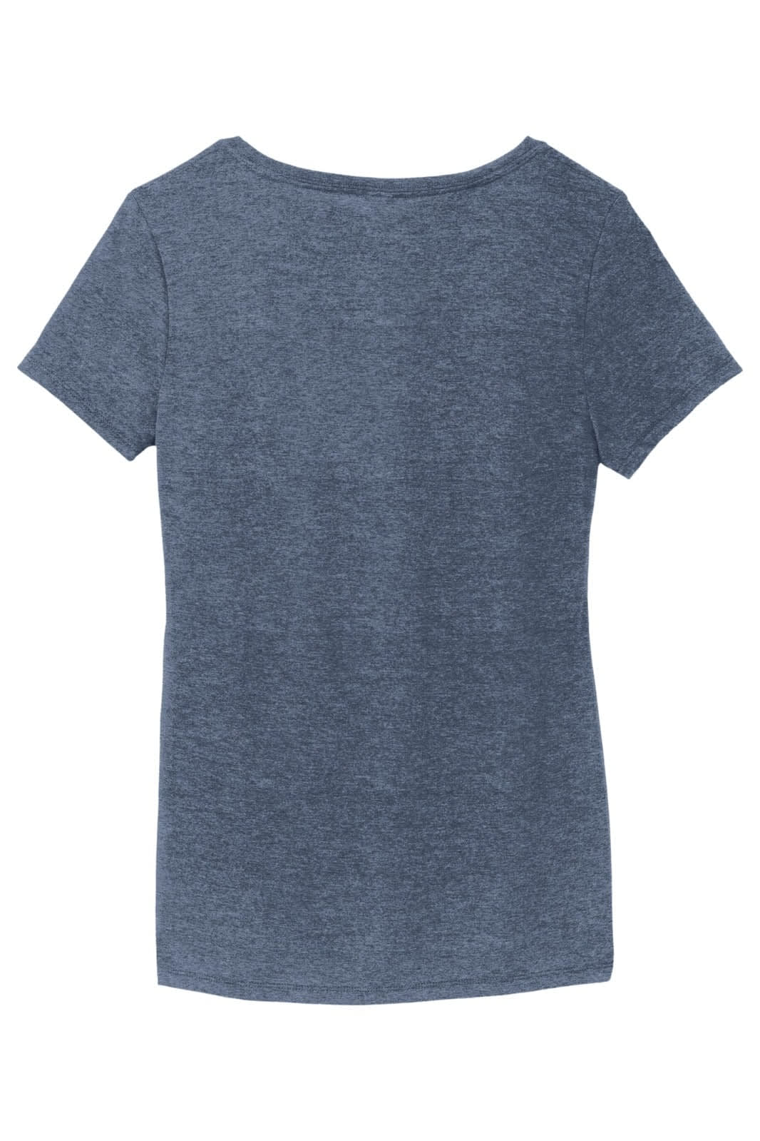 A women's v-neck t-shirt in a heather navy colour, featuring a simple design and a logo on the back.