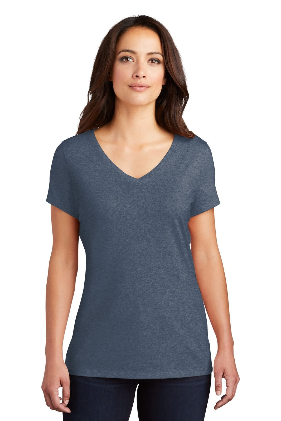 A grey v-neck t-shirt for ladies, featuring short sleeves and a fitted design. The shirt has a logo on it.