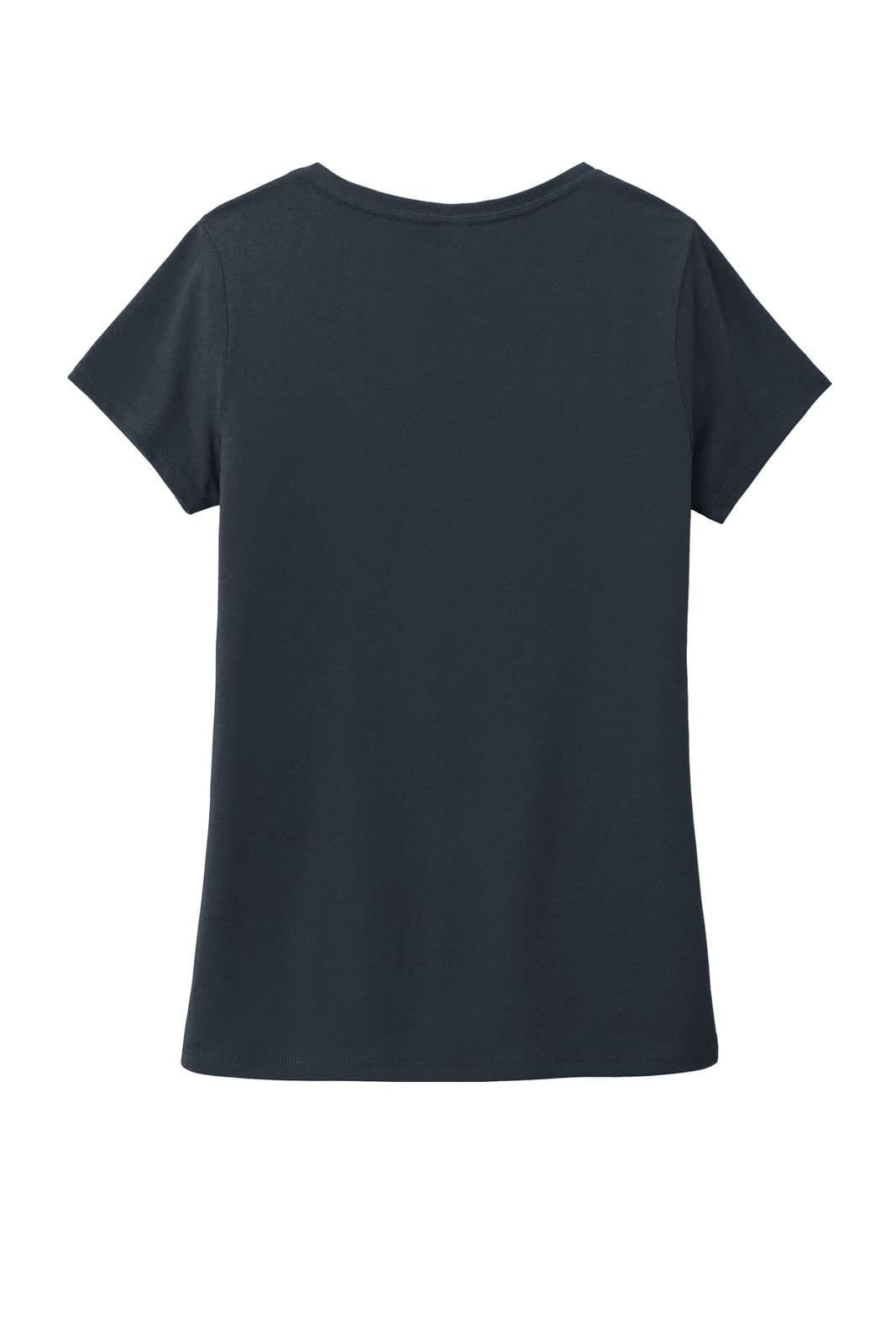 A navy V-neck tee-shirt designed for women, featuring short sleeves and a relaxed fit. It has a small logo on the back.