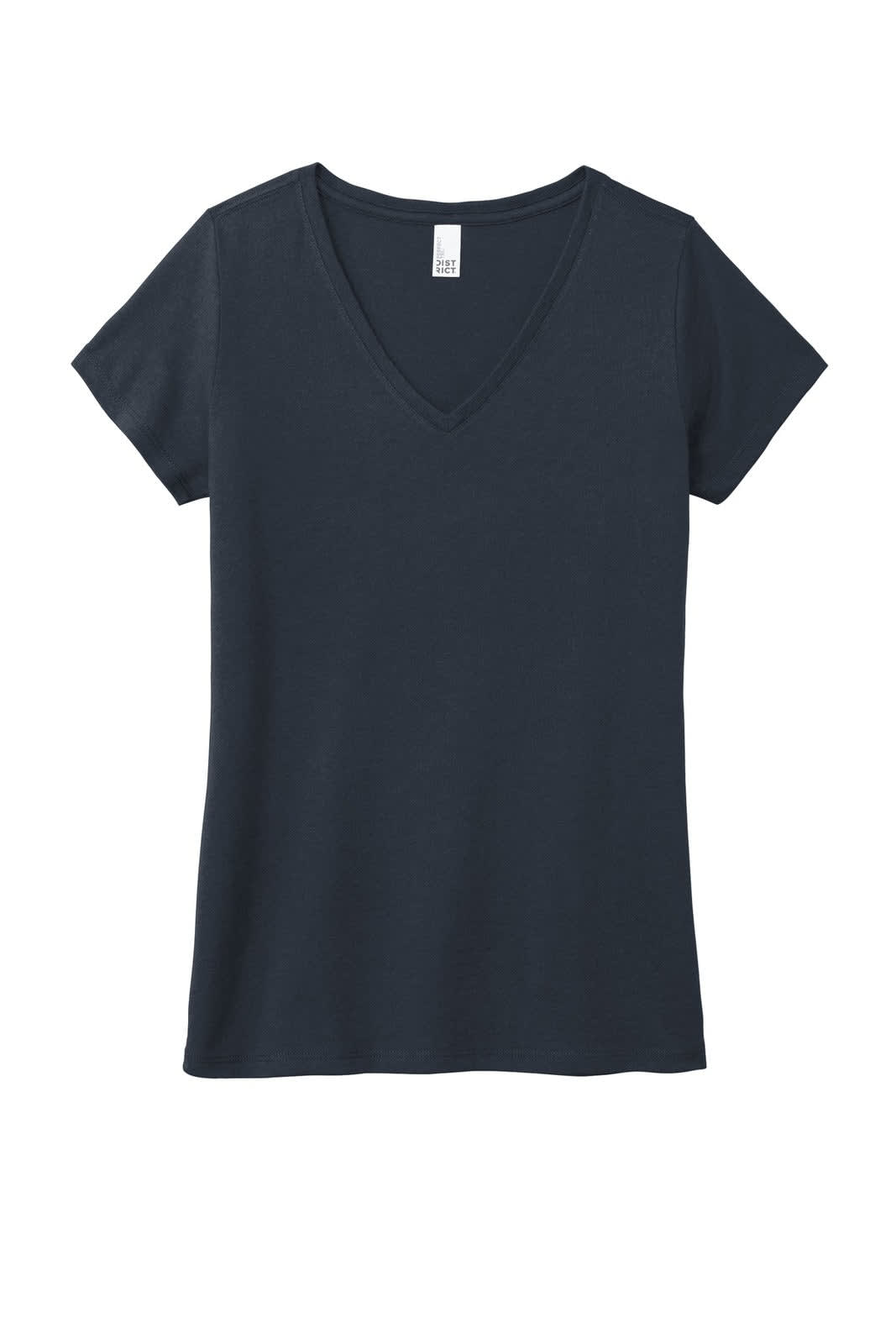 A dark navy v-neck t-shirt with short sleeves, made from a soft fabric, featuring a branding label inside.