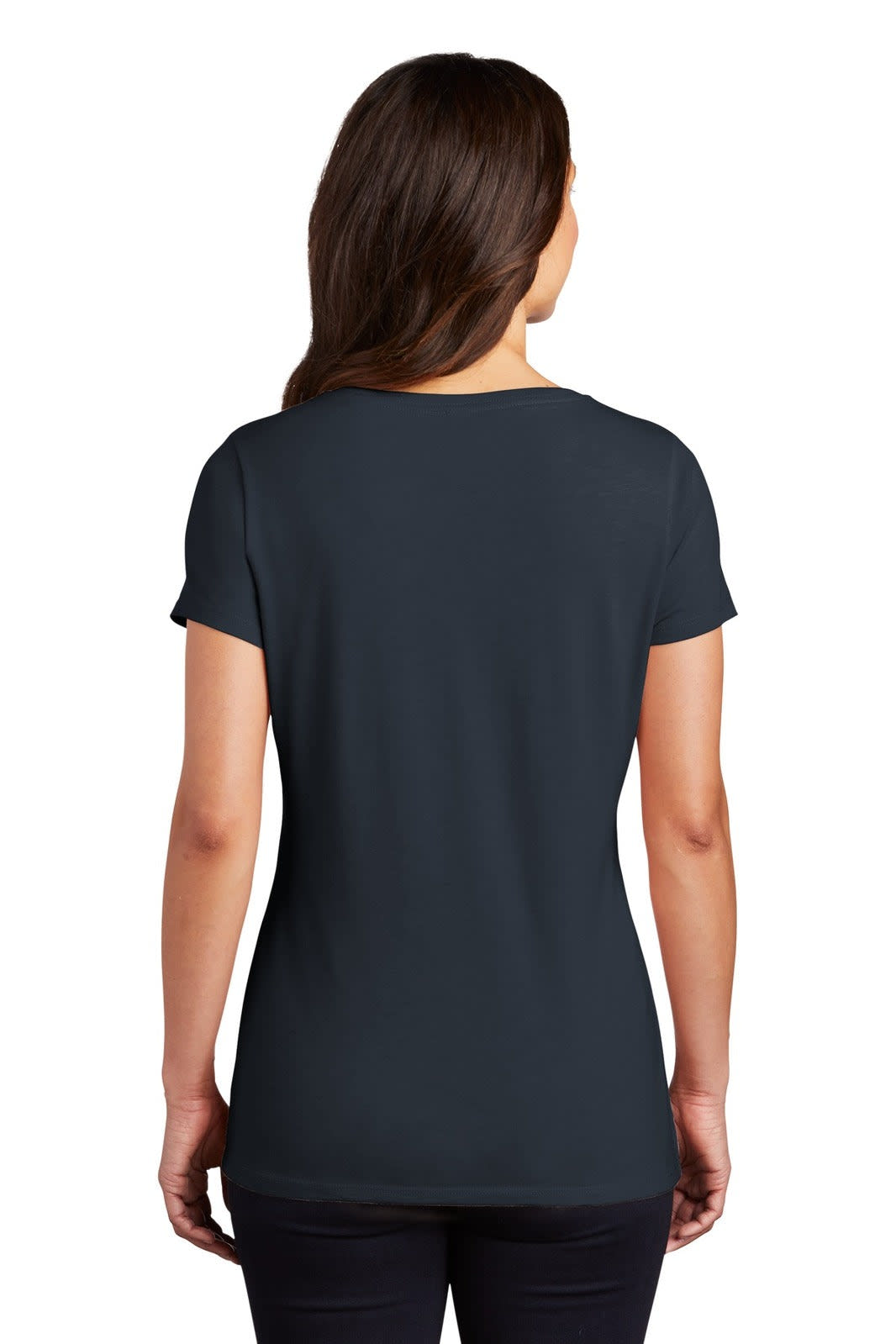 A dark navy v-neck tee shirt for ladies, featuring a fitted silhouette and short sleeves. Includes a logo.