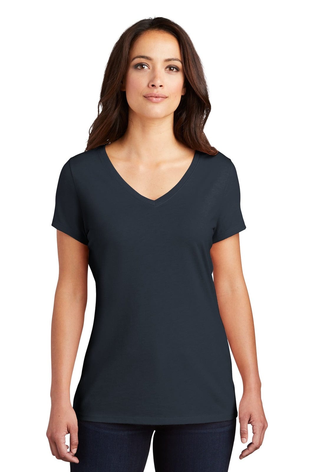 A women's V-neck T-shirt in navy blue, featuring short sleeves and a fitted design. It has a logo on it.