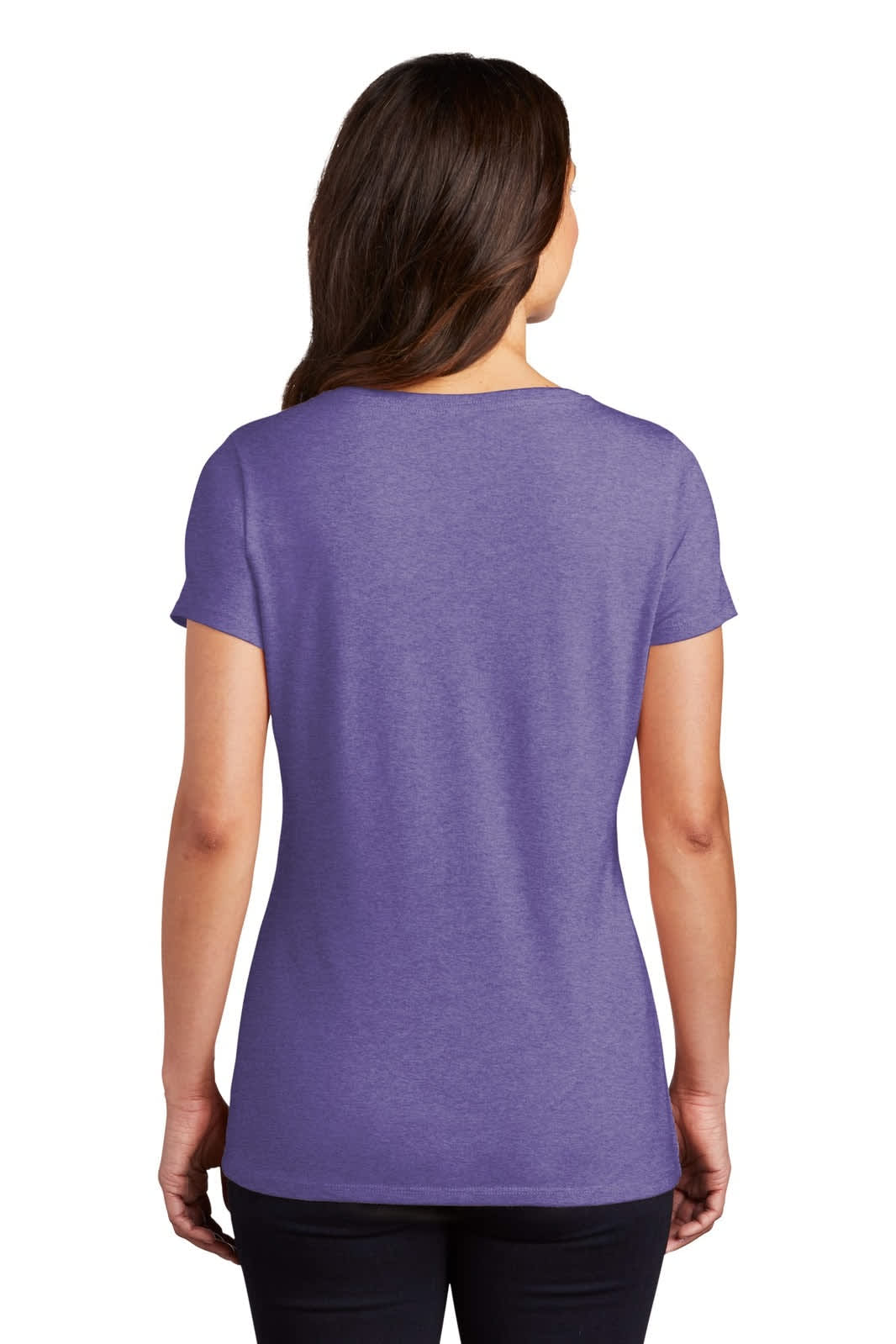 A woman wearing a fitted purple V-neck T-shirt, displayed from the back, showcasing its shape and style.