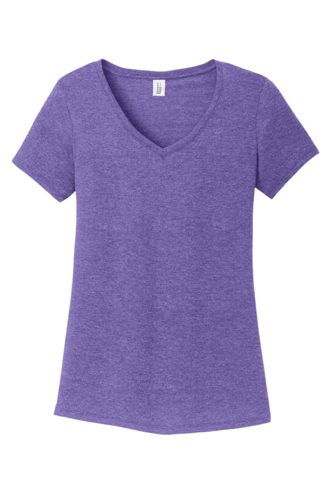 A purple tri-blend ladies' V-neck t-shirt with short sleeves and a label visible inside the neckline.