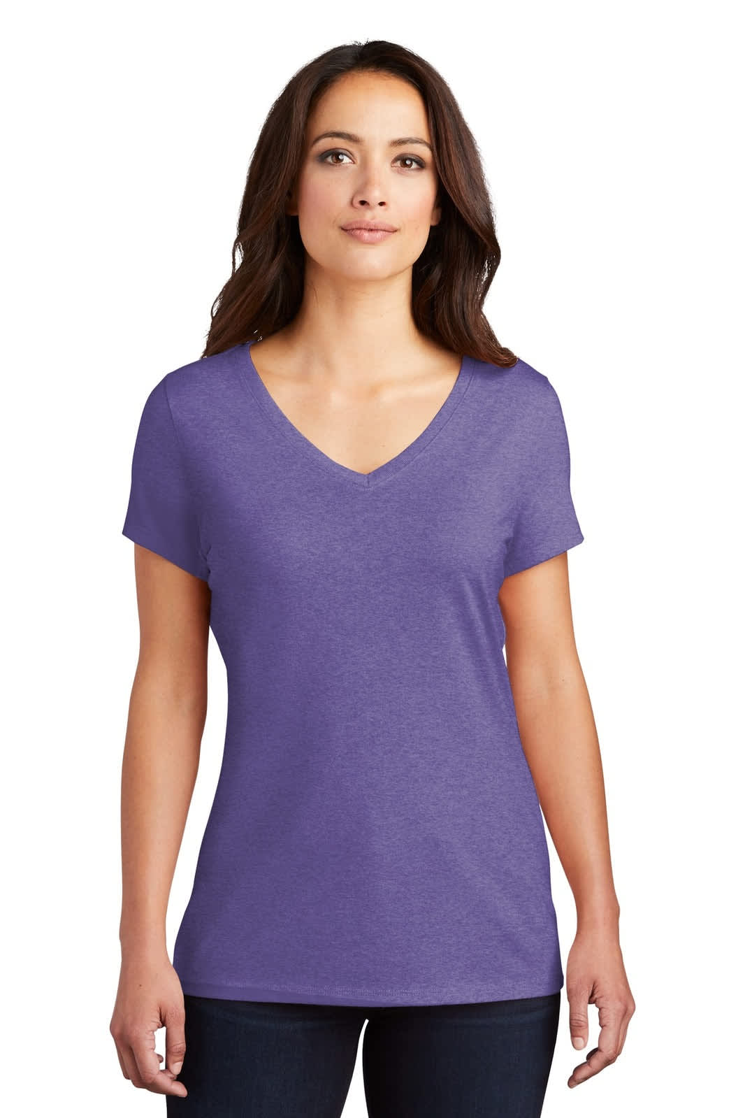 A purple V-neck T-shirt for ladies with short sleeves, featuring a logo.