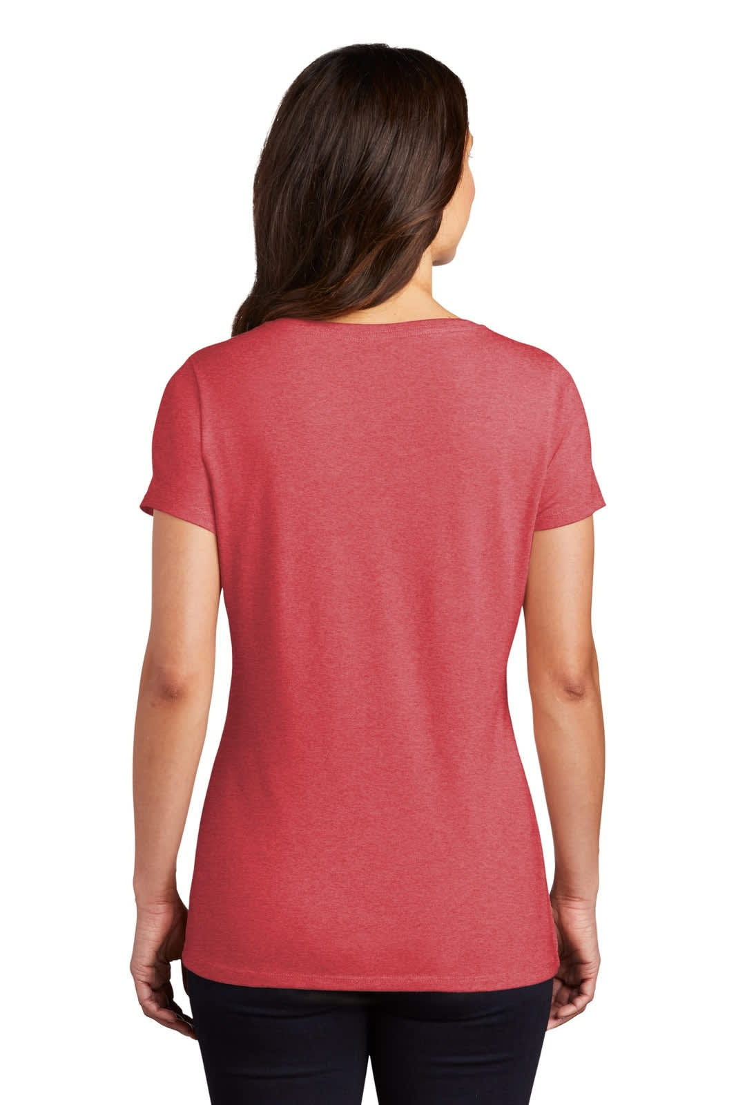 A back view of a women's red V-neck T-shirt with short sleeves, featuring a logo.