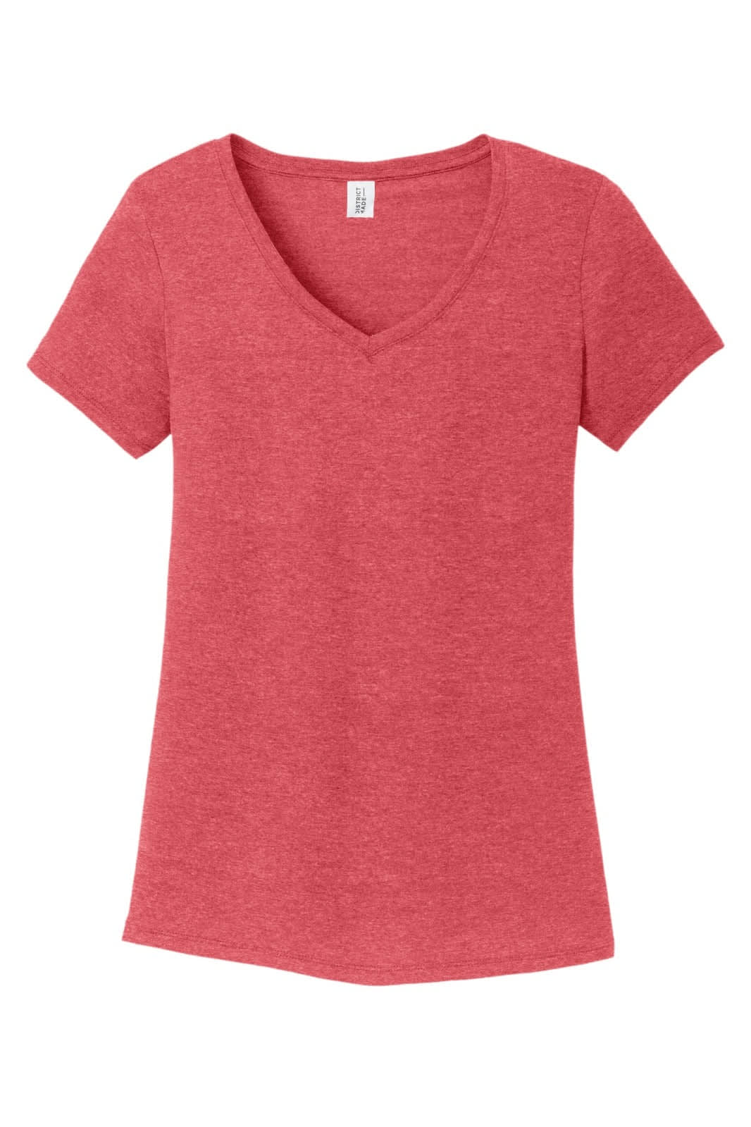 A red District Made Ladies Perfect Tri V-Neck Tee with short sleeves and a V-neck design. Features a logo on the label.