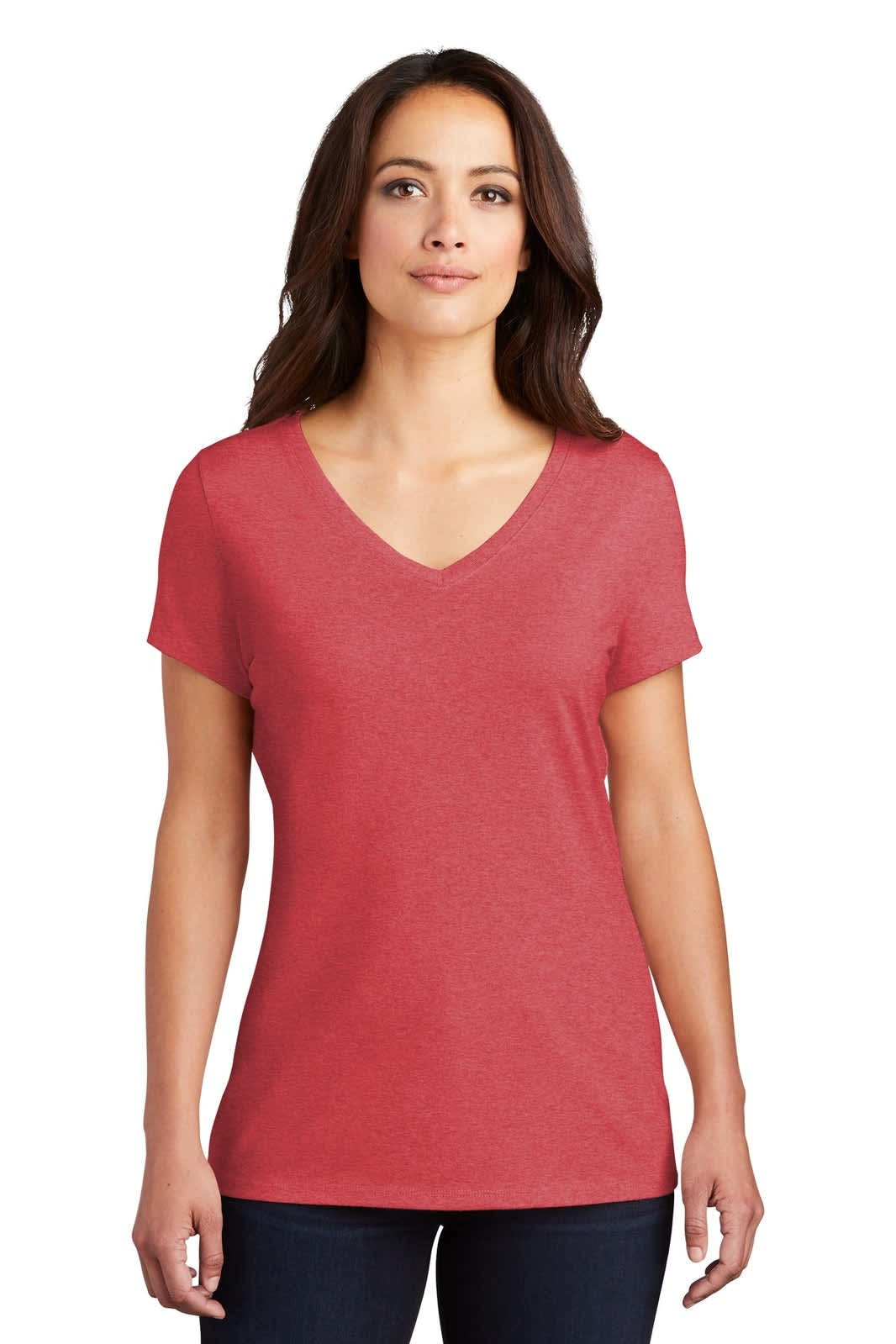 A red ladies' v-neck t-shirt made of tri-blend fabric, featuring short sleeves and a fitted design.