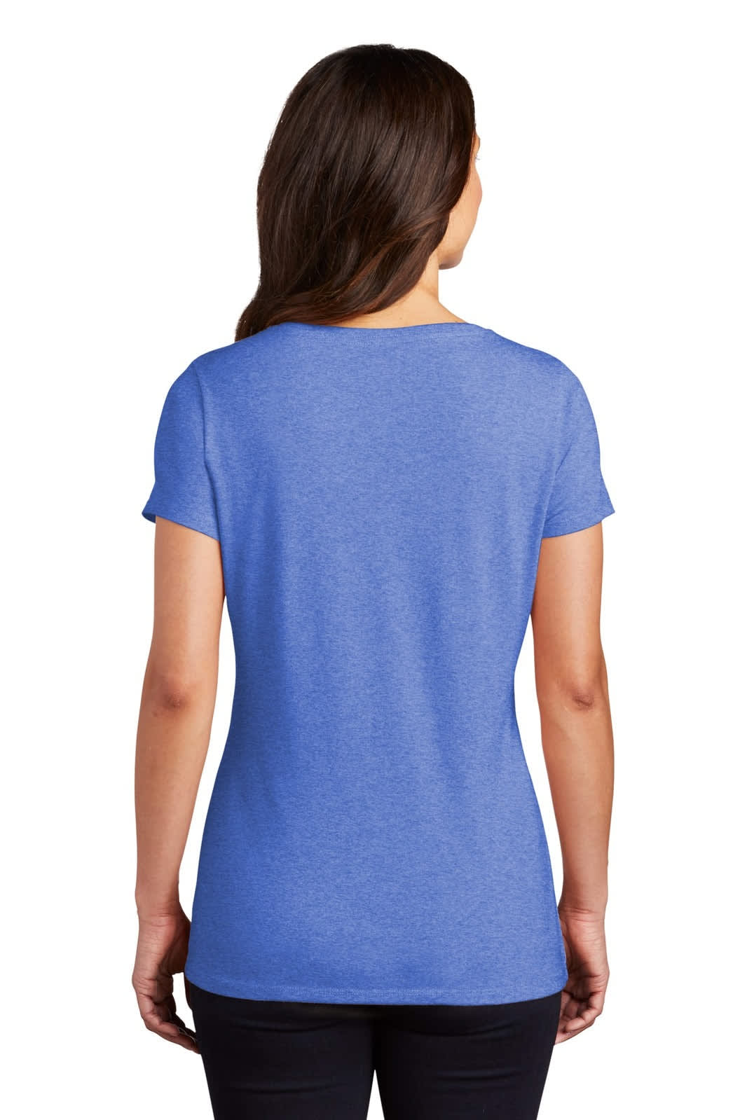 A blue ladies' V-neck t-shirt featuring short sleeves, viewed from the back. It has a logo on the fabric.