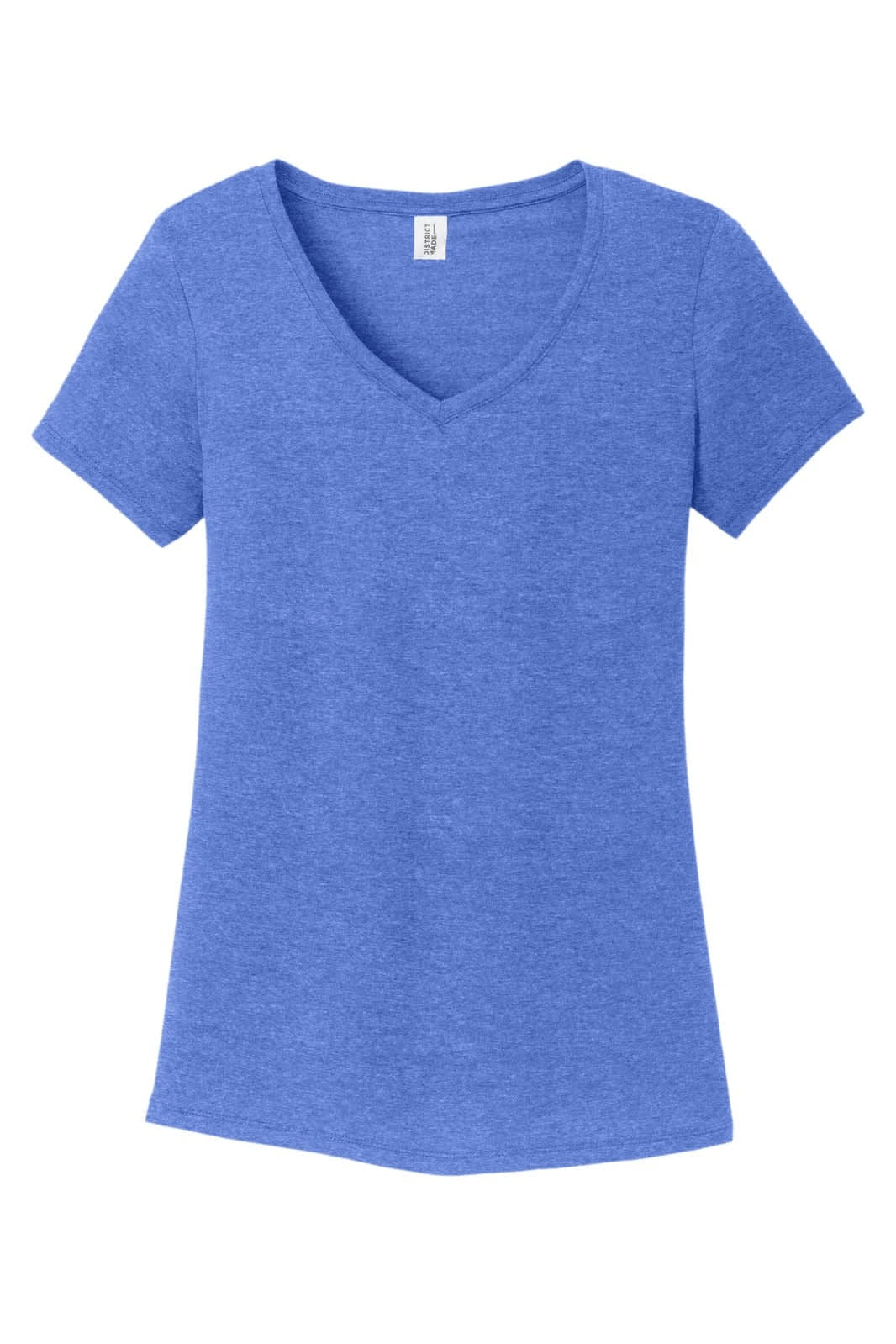 A blue V-neck t-shirt featuring short sleeves and a fitted design. The shirt has a logo on the label.