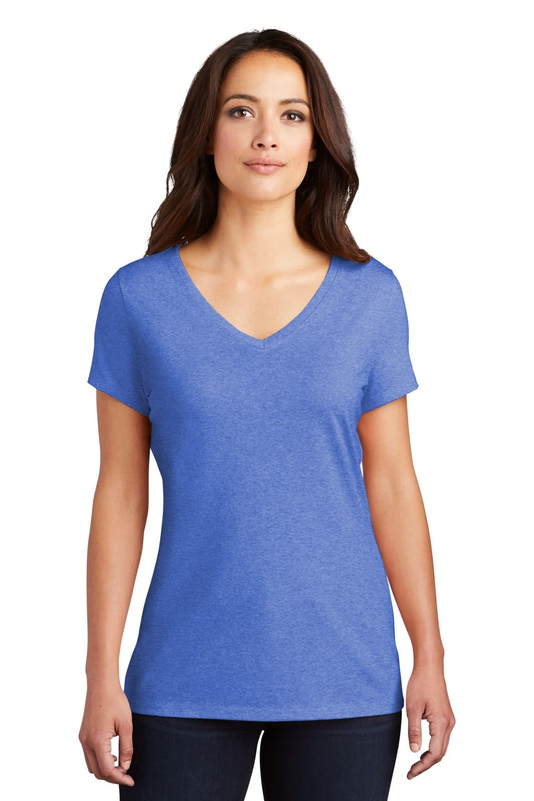 A blue District Made Ladies Perfect Tri V-Neck Tee, featuring a casual fit and short sleeves. The shirt has a logo.