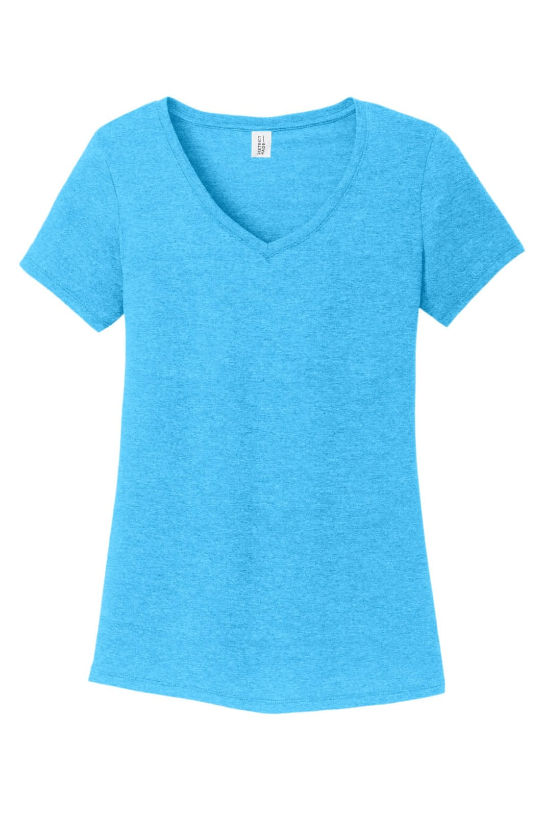 A light blue V-neck T-shirt featuring a soft, tri-blend fabric and a branding logo on the label.