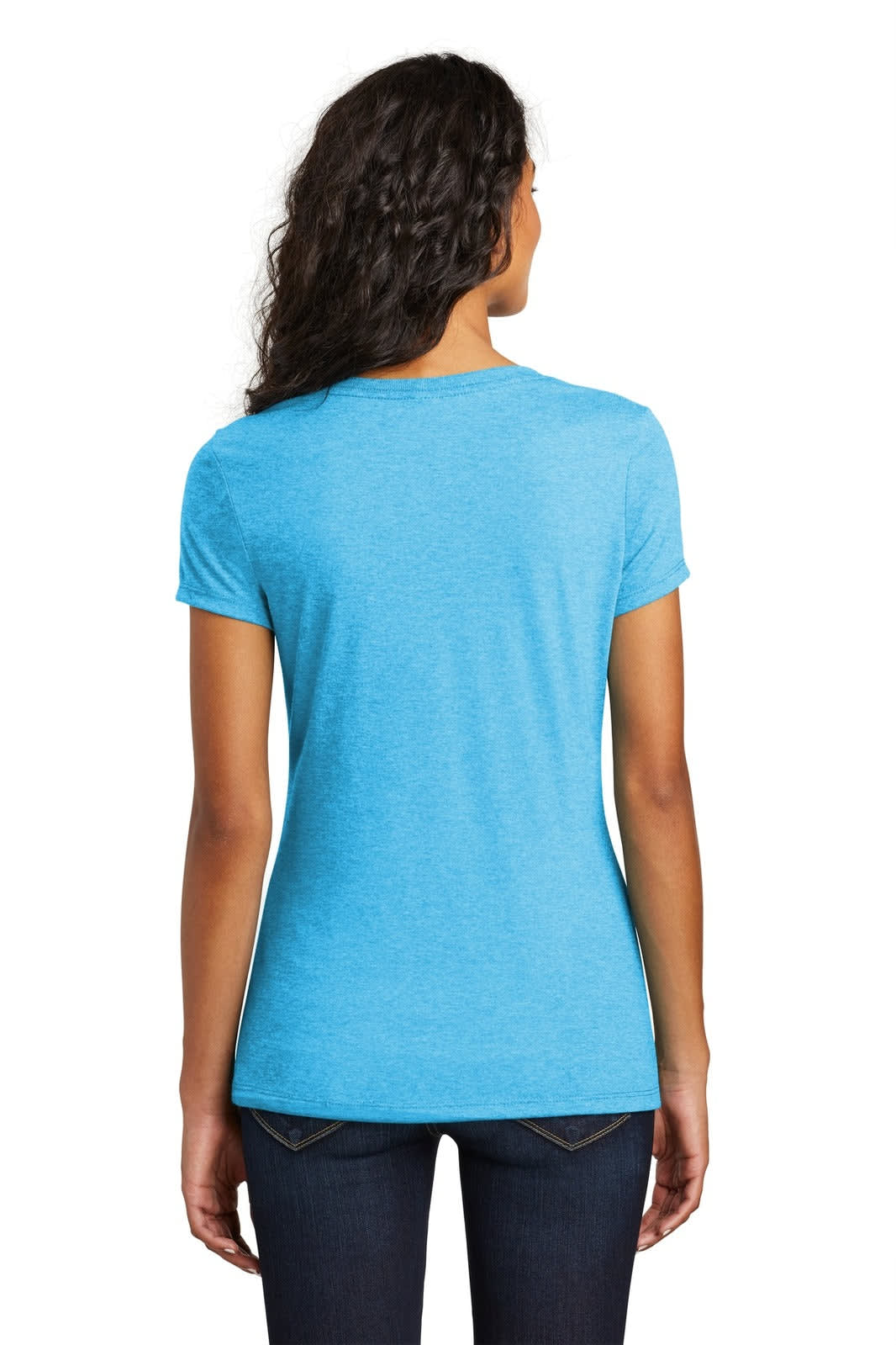 A women's V-neck t-shirt in a bright blue colour, featuring a fitted design and short sleeves, with a logo.