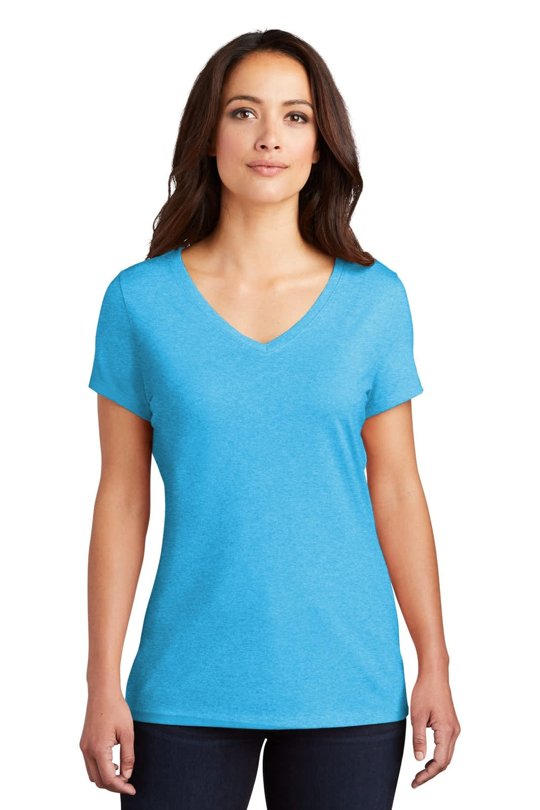 A blue ladies' v-neck t-shirt with short sleeves, featuring a logo on the front.